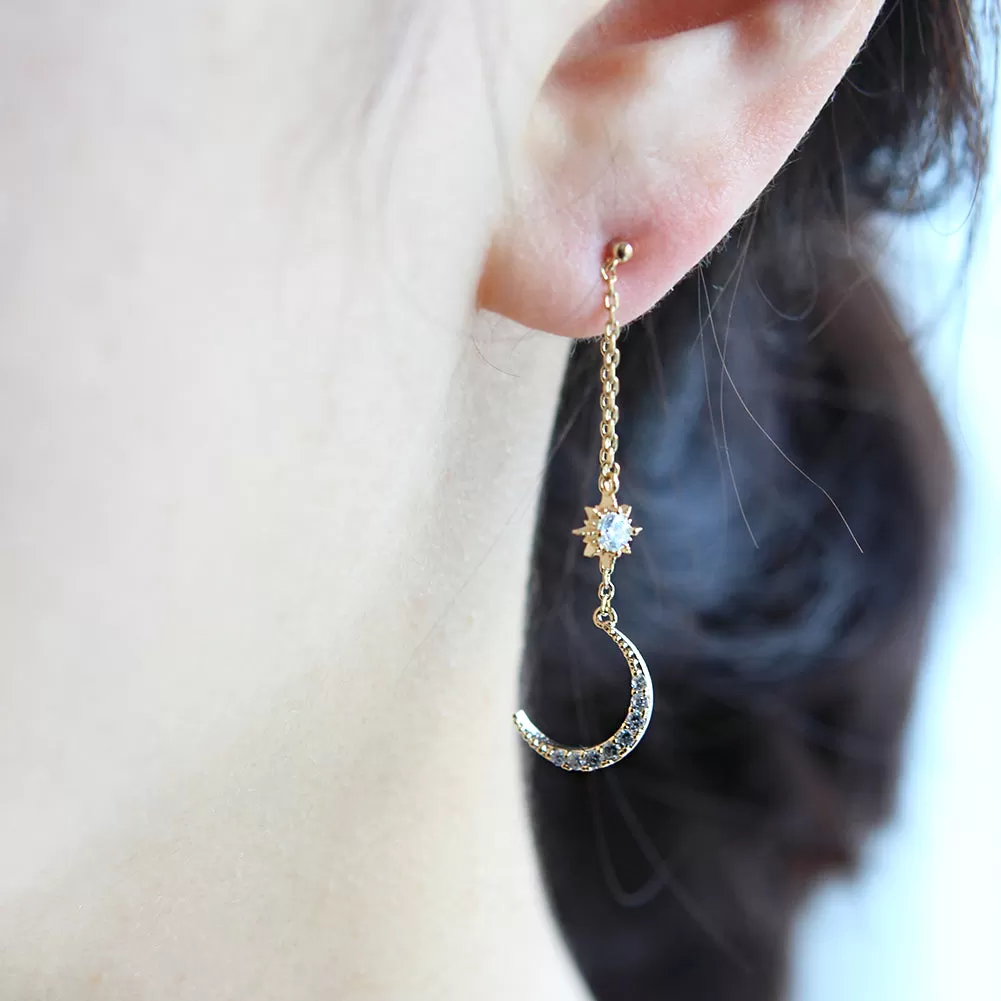 NO.1 Crescent Moon and Star Chain Drop Earrings