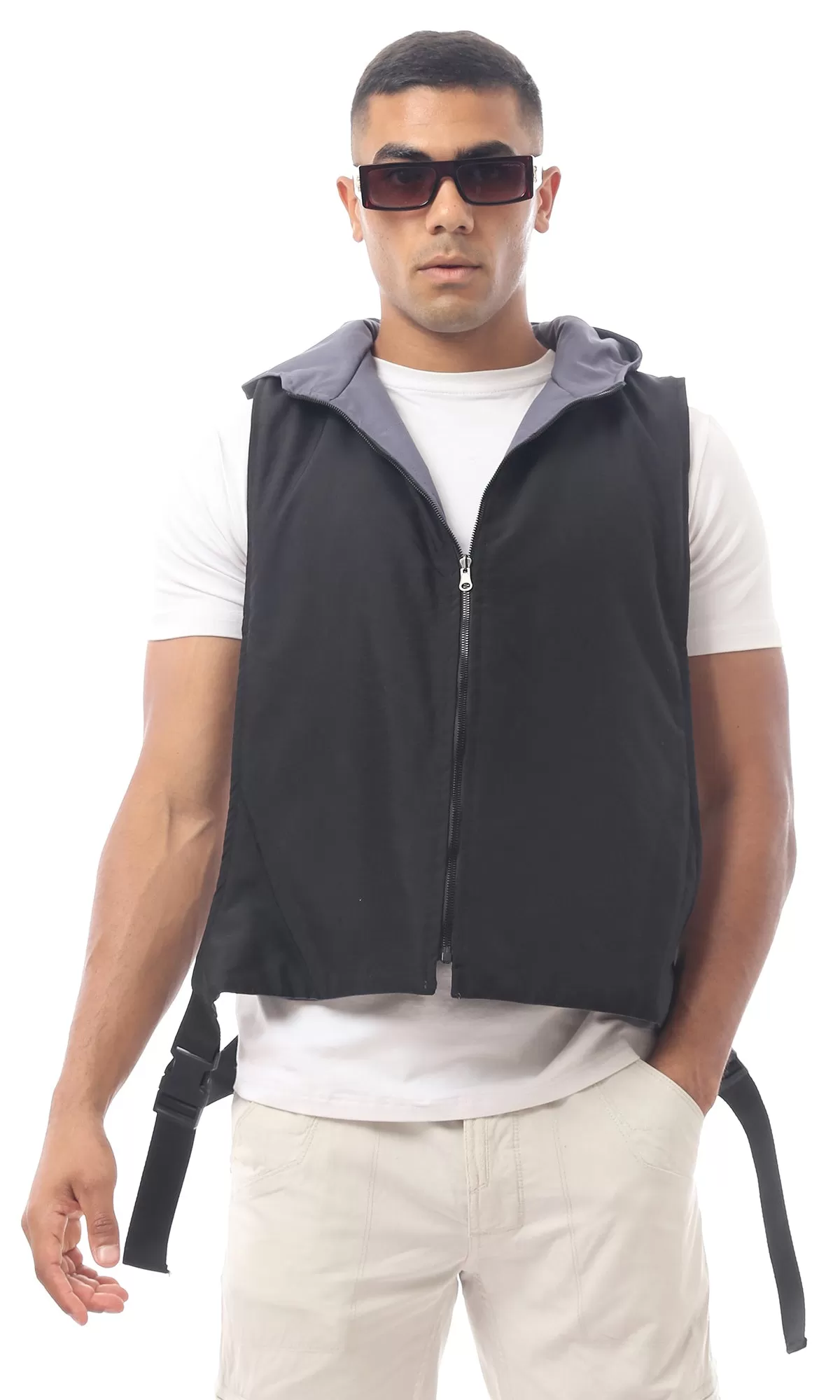 O173708 Dark Grey Double Faced Fly Zip Vest