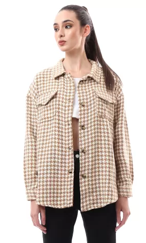 O176250 Beige & Brown Houndstooth Relaxed Fit Shirt