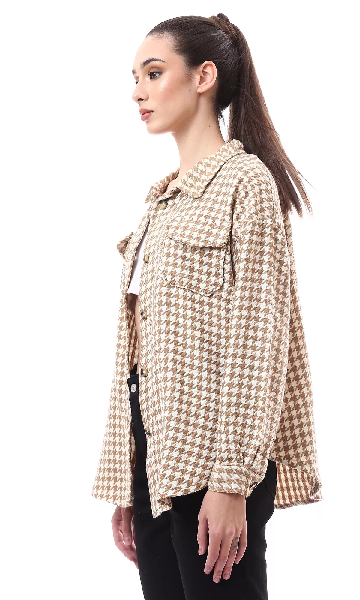 O176250 Beige & Brown Houndstooth Relaxed Fit Shirt