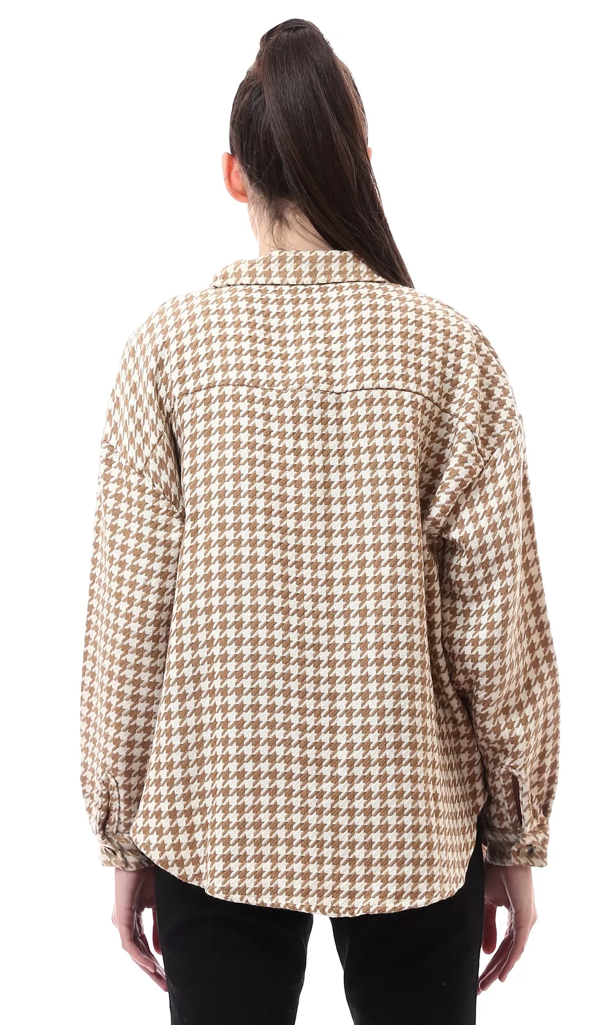 O176250 Beige & Brown Houndstooth Relaxed Fit Shirt