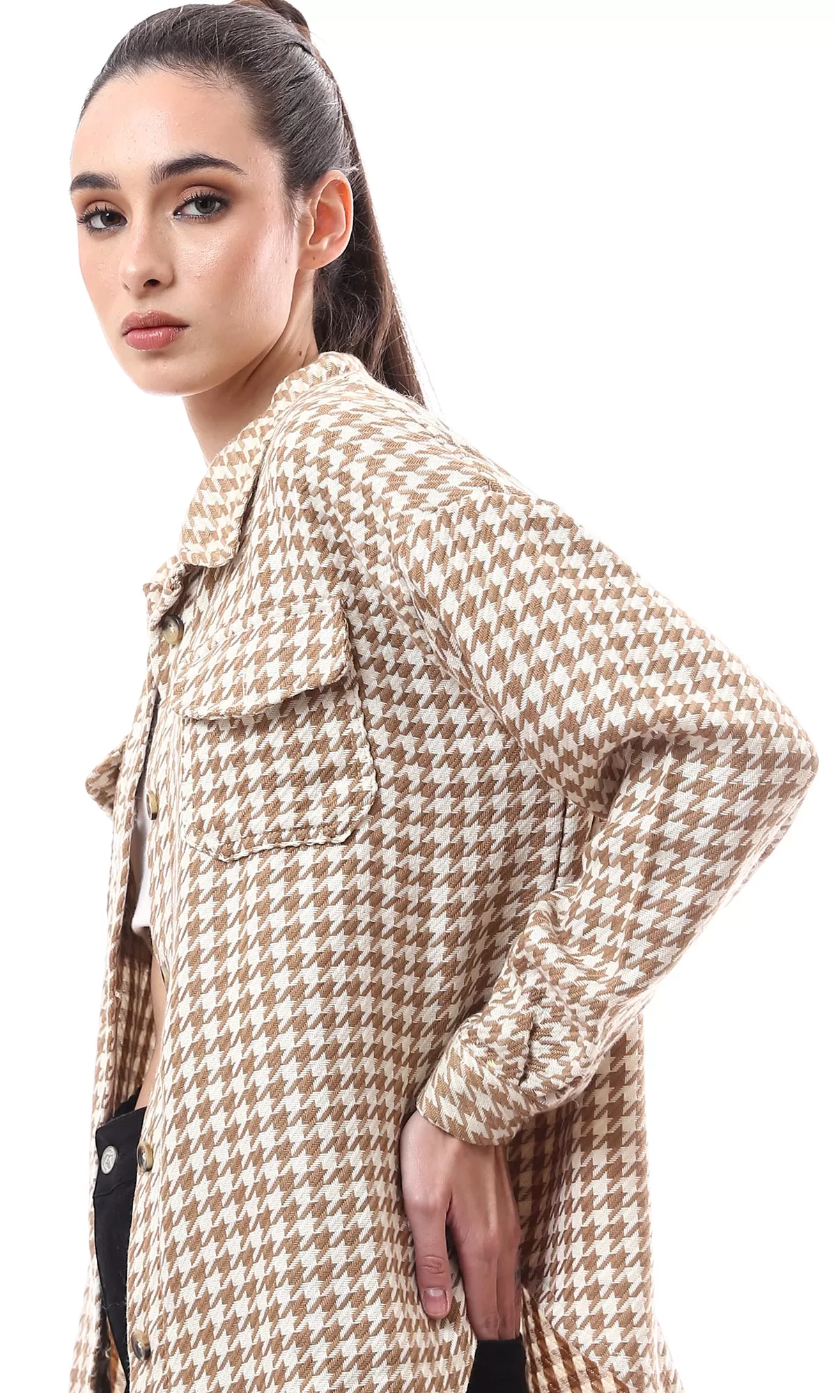 O176250 Beige & Brown Houndstooth Relaxed Fit Shirt