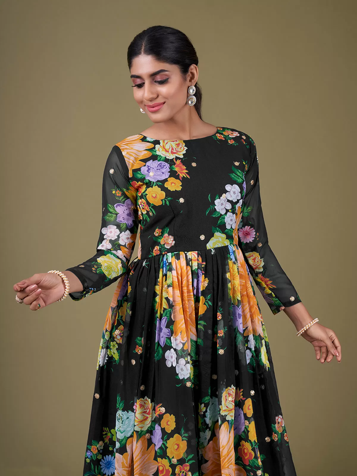 Odette Black Faux Georgette Printed Semi Stitched Anarkali Kurta Set For Women