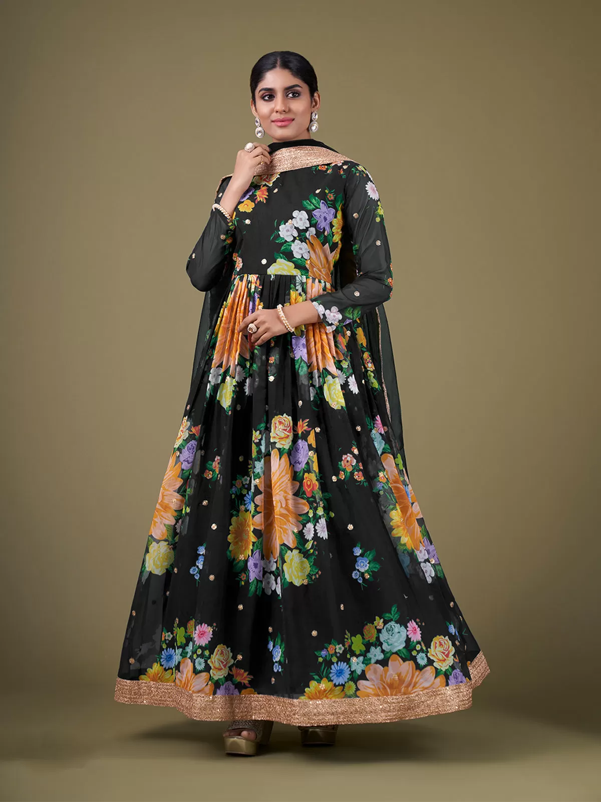 Odette Black Faux Georgette Printed Semi Stitched Anarkali Kurta Set For Women