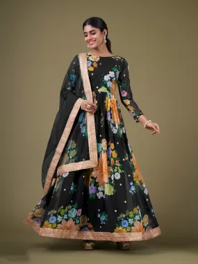 Odette Black Faux Georgette Printed Semi Stitched Anarkali Kurta Set For Women