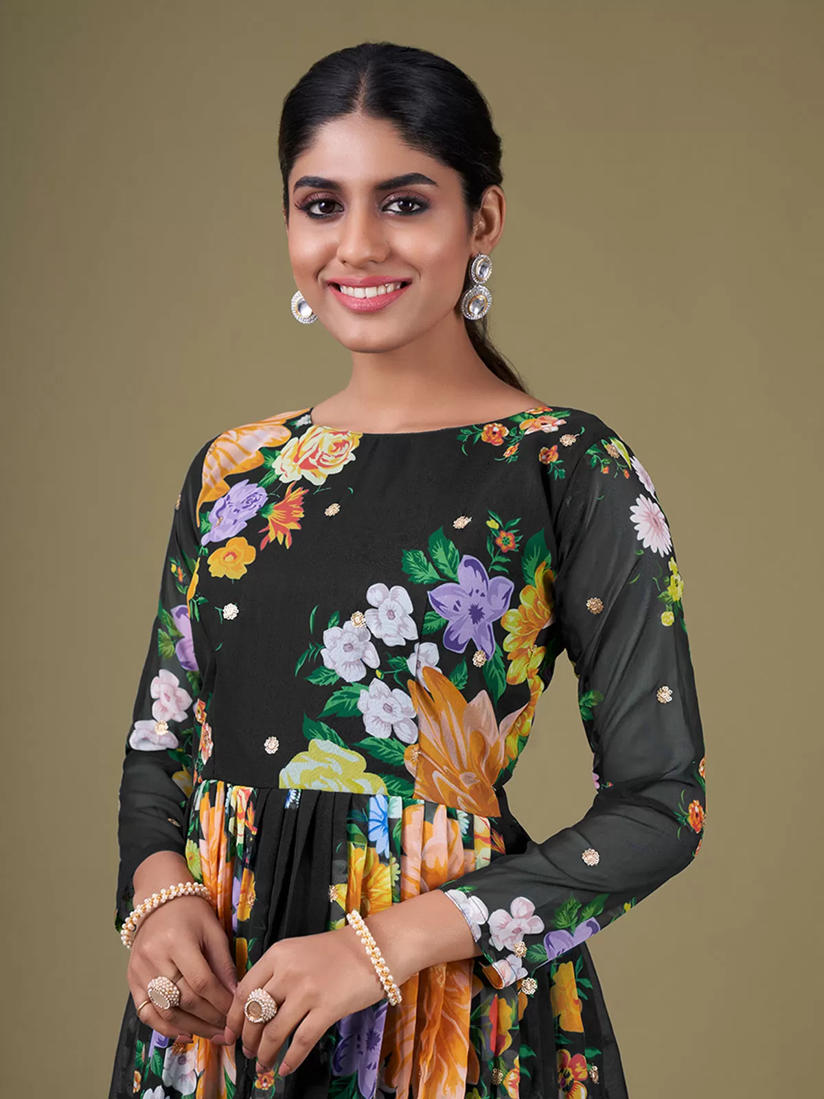 Odette Black Faux Georgette Printed Semi Stitched Anarkali Kurta Set For Women