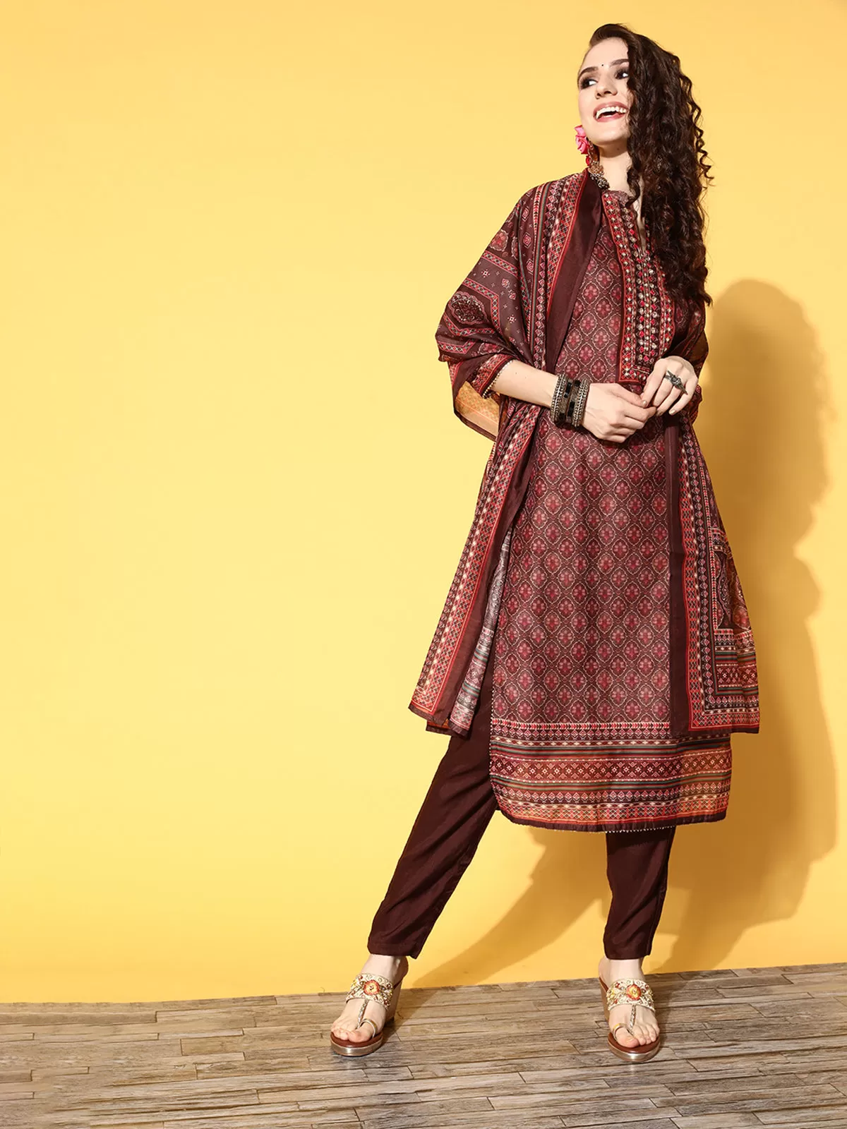 Odette Brown Chanderi Silk Stitched Kurta Set for Women