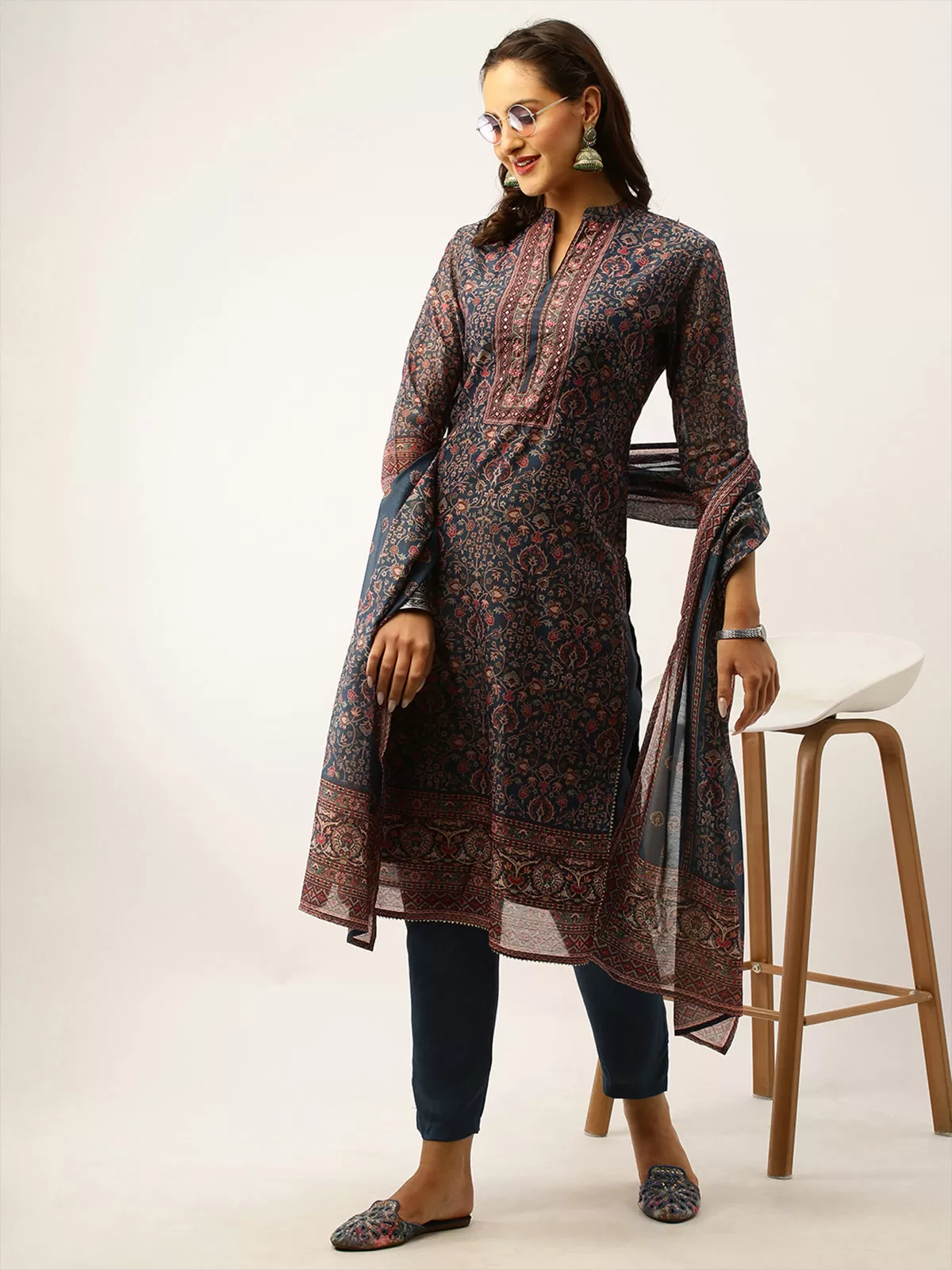 Odette Chanderi Silk All Over Kalamkari Print Navy Blue Stitched Kurta Set With Dupatta For Women