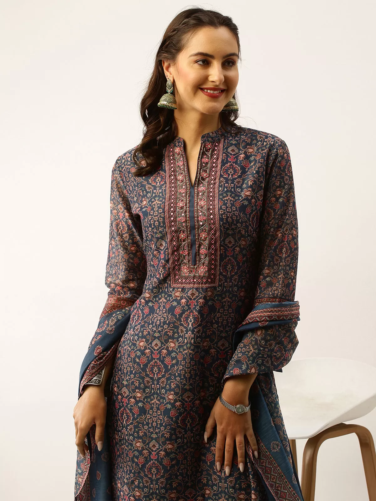 Odette Chanderi Silk All Over Kalamkari Print Navy Blue Stitched Kurta Set With Dupatta For Women