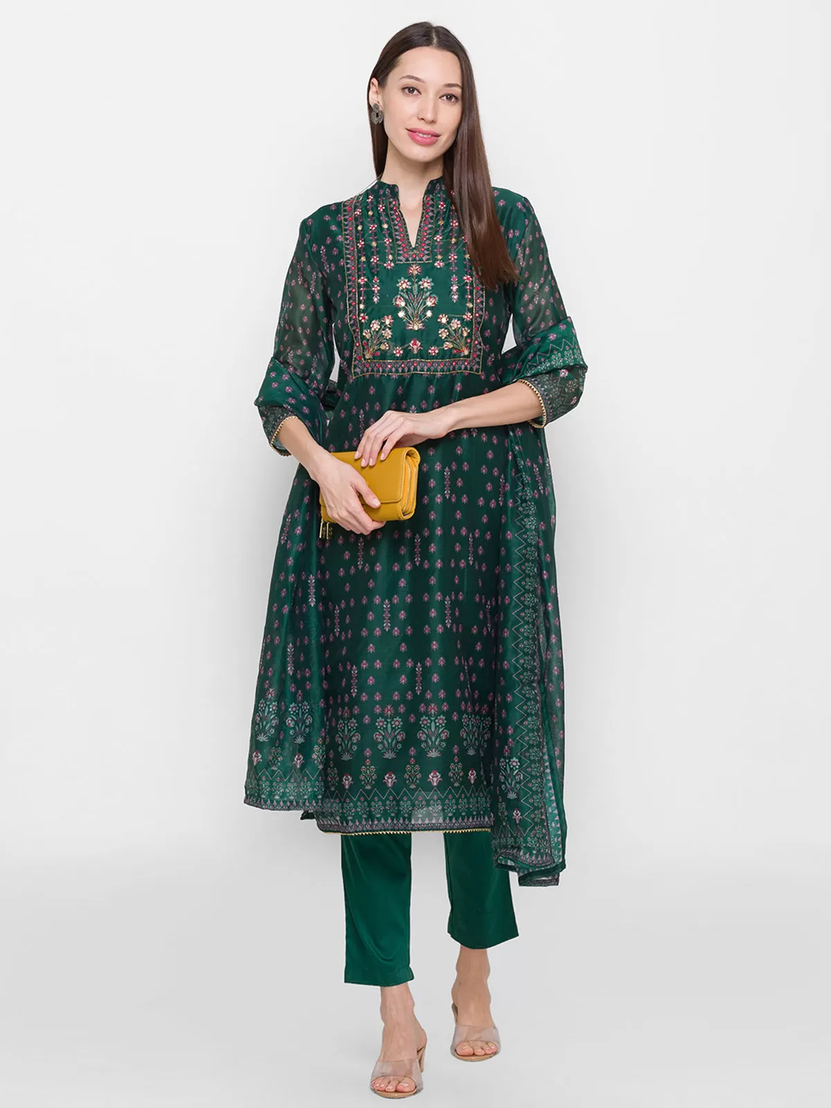 Odette Green Chanderi Silk Stitched Kurta Set for Women