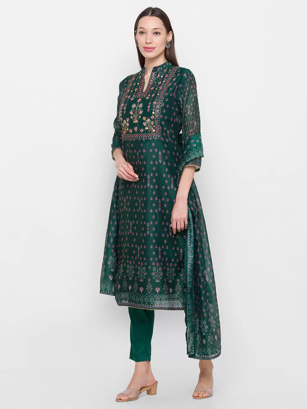 Odette Green Chanderi Silk Stitched Kurta Set for Women