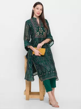 Odette Green Chanderi Silk Stitched Kurta Set for Women