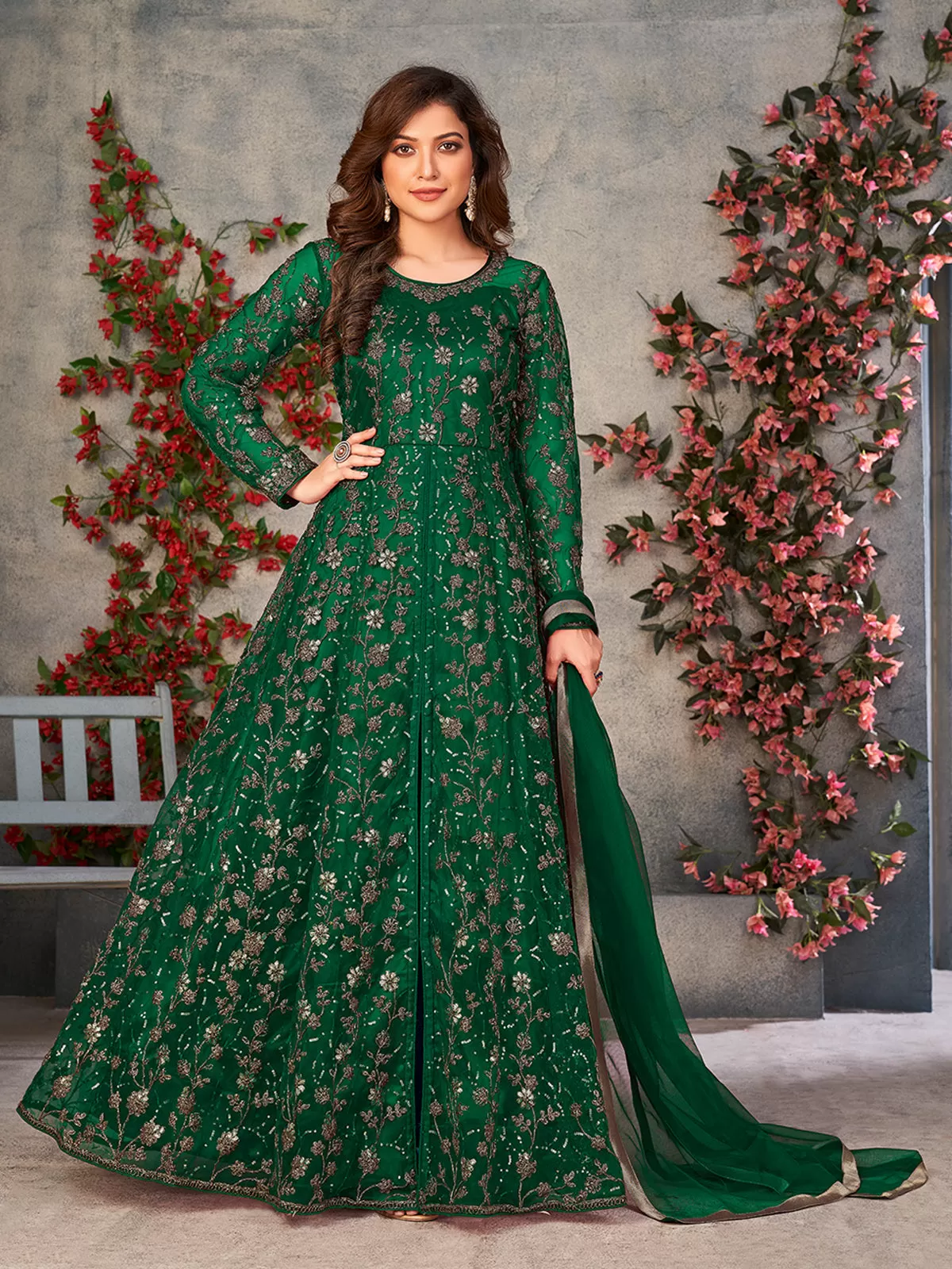 Odette Green Net Embroidered Semi stitched Kurta Set with Inner For Women