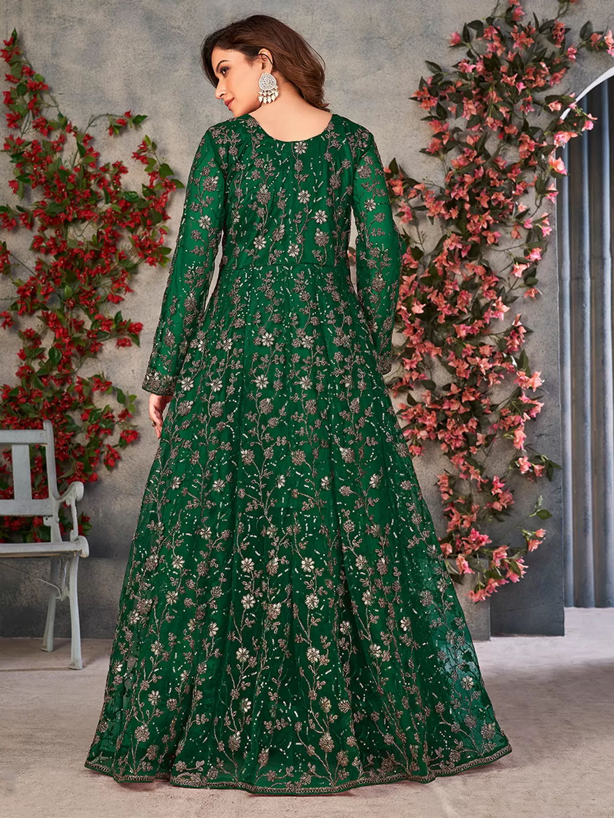 Odette Green Net Embroidered Semi stitched Kurta Set with Inner For Women