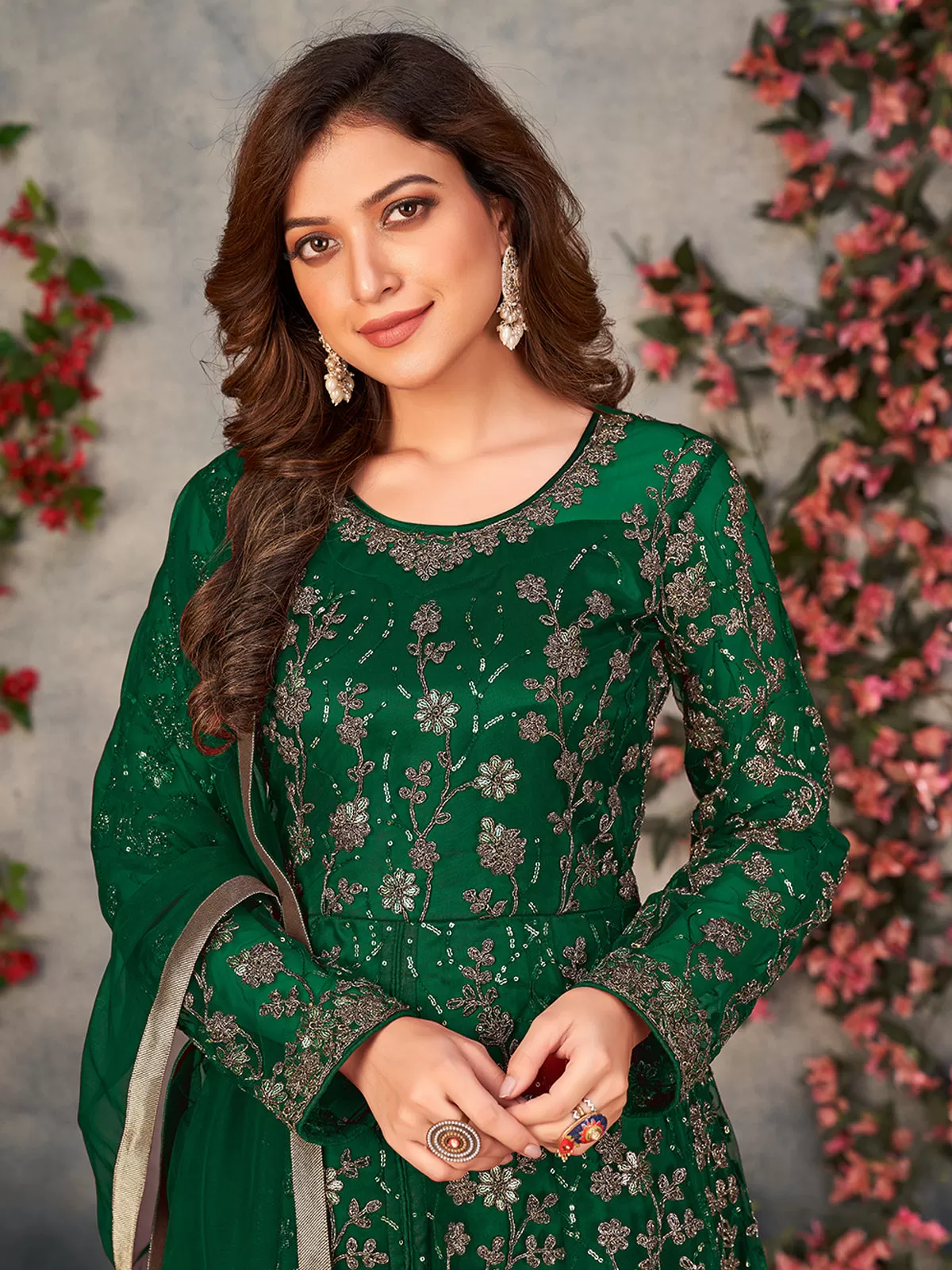 Odette Green Net Embroidered Semi stitched Kurta Set with Inner For Women