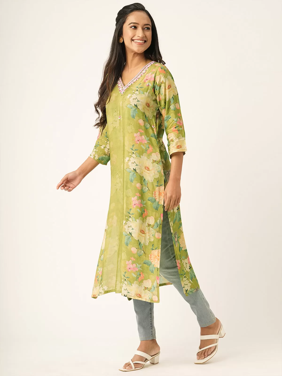 Odette Light Green Muslin Printed Stitched Kurta for Women