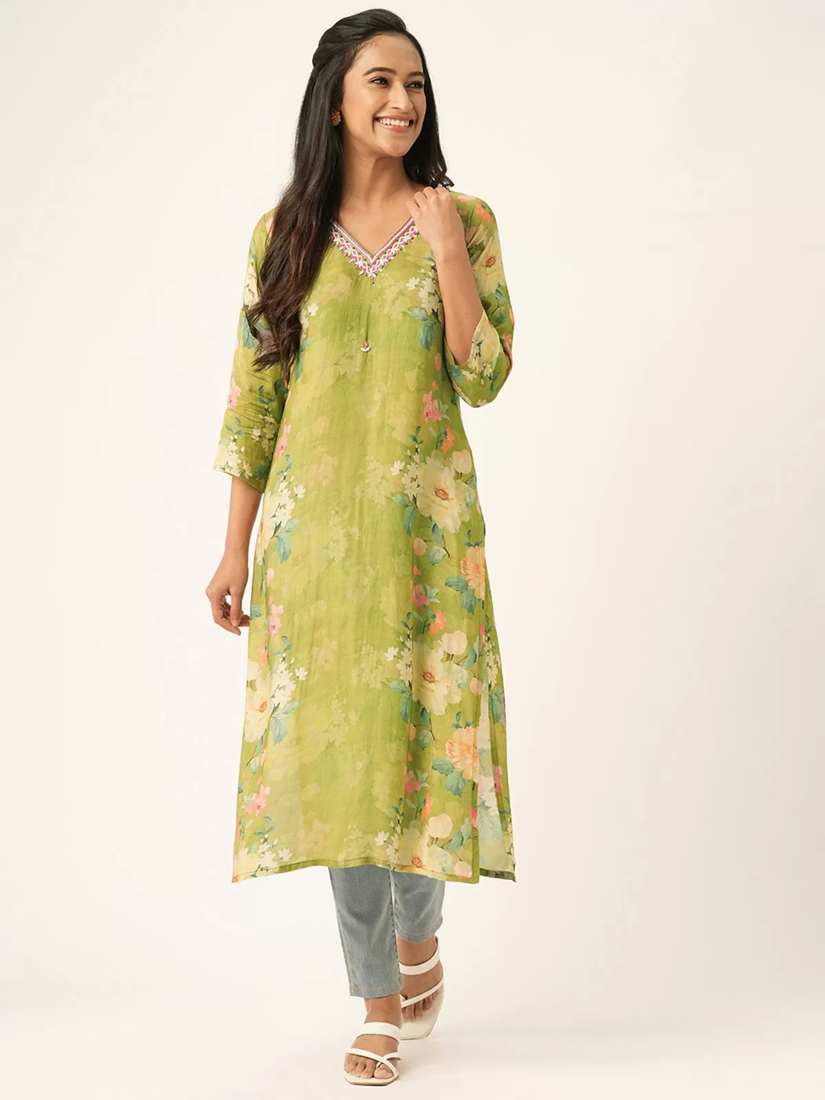 Odette Light Green Muslin Printed Stitched Kurta for Women