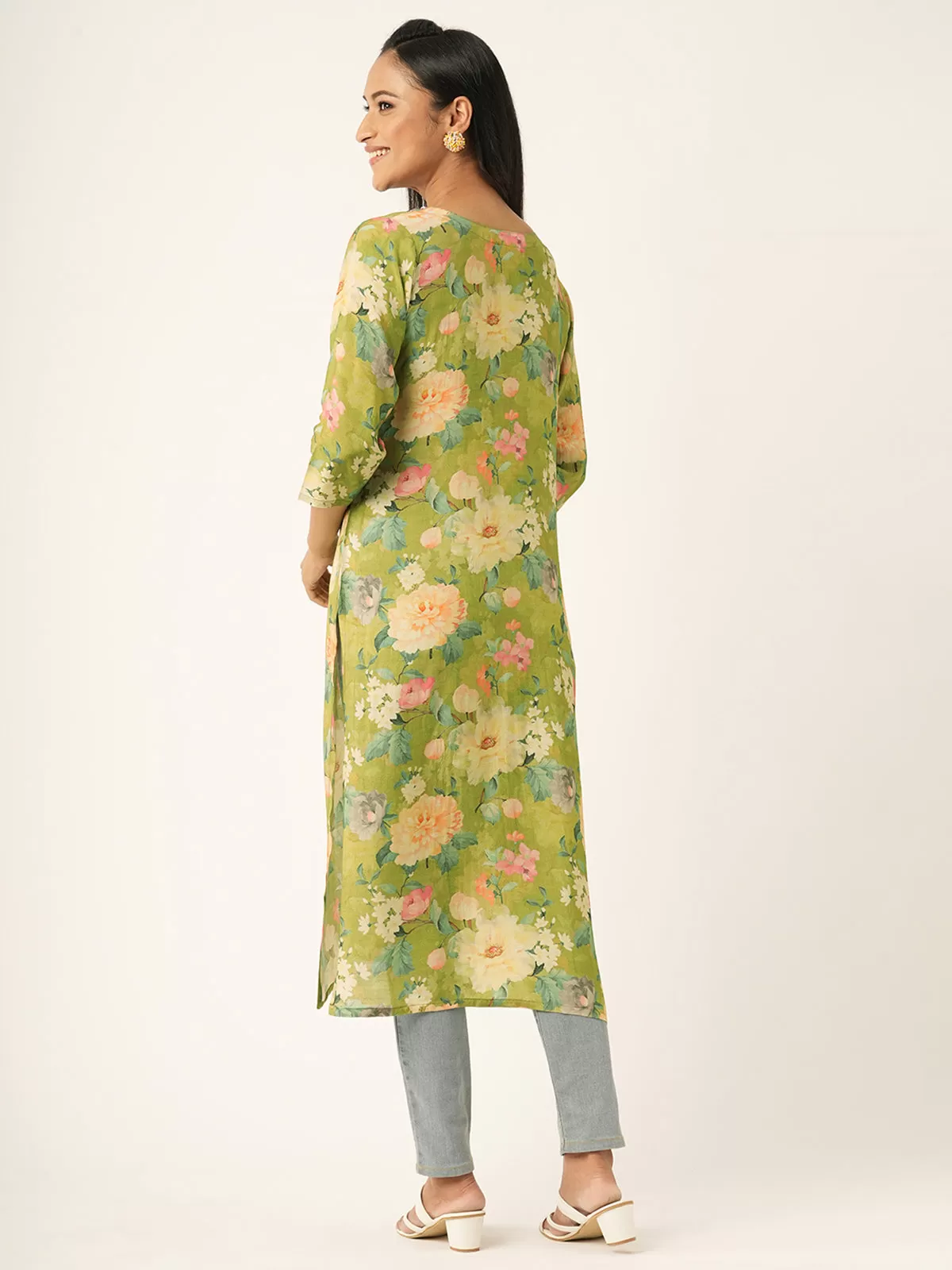 Odette Light Green Muslin Printed Stitched Kurta for Women