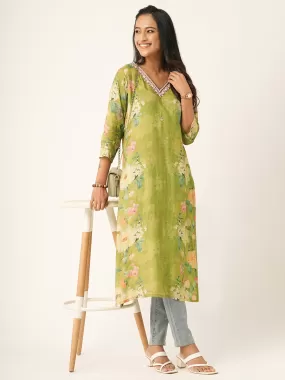 Odette Light Green Muslin Printed Stitched Kurta for Women