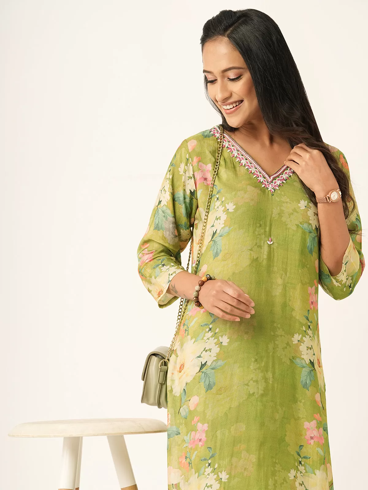 Odette Light Green Muslin Printed Stitched Kurta for Women