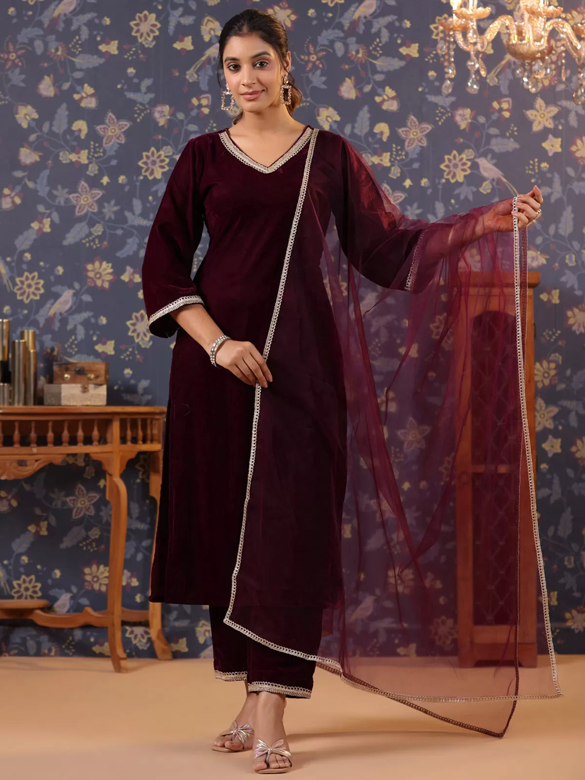 Odette Maroon Velvet Solid Stitched Kurta Set For Women