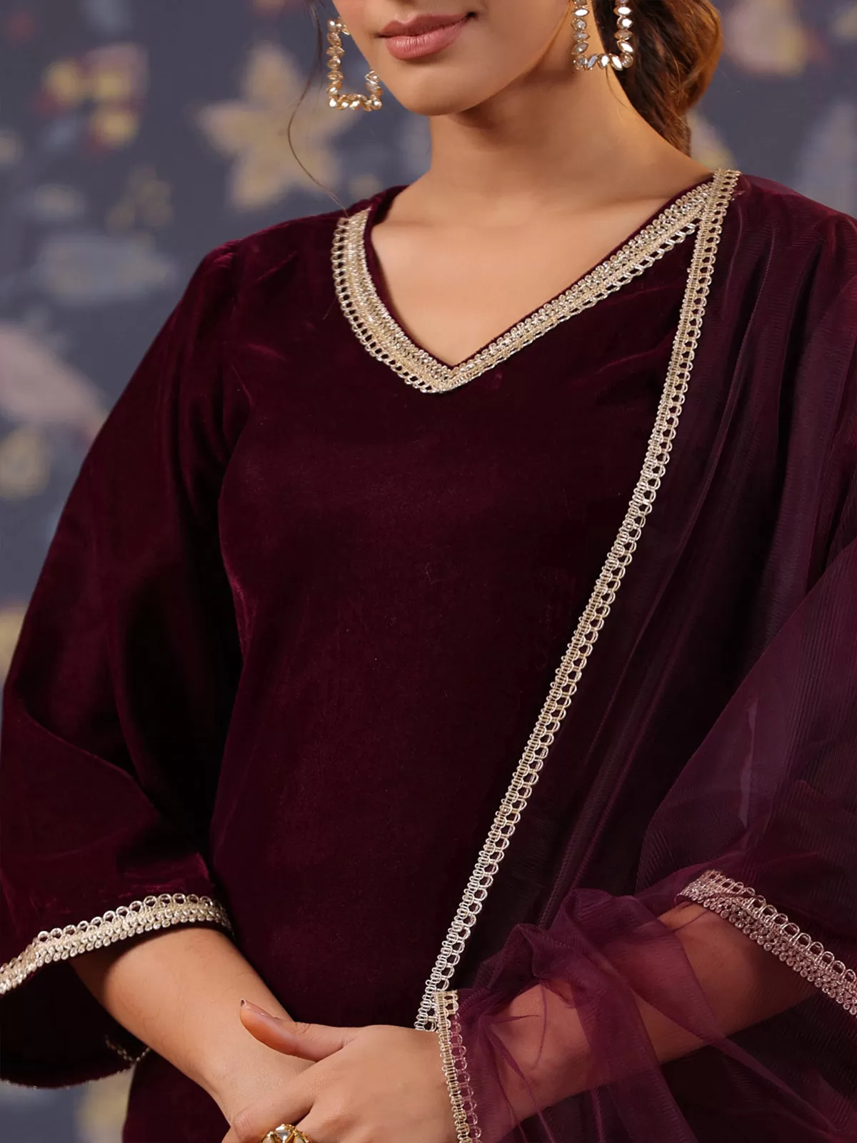 Odette Maroon Velvet Solid Stitched Kurta Set For Women