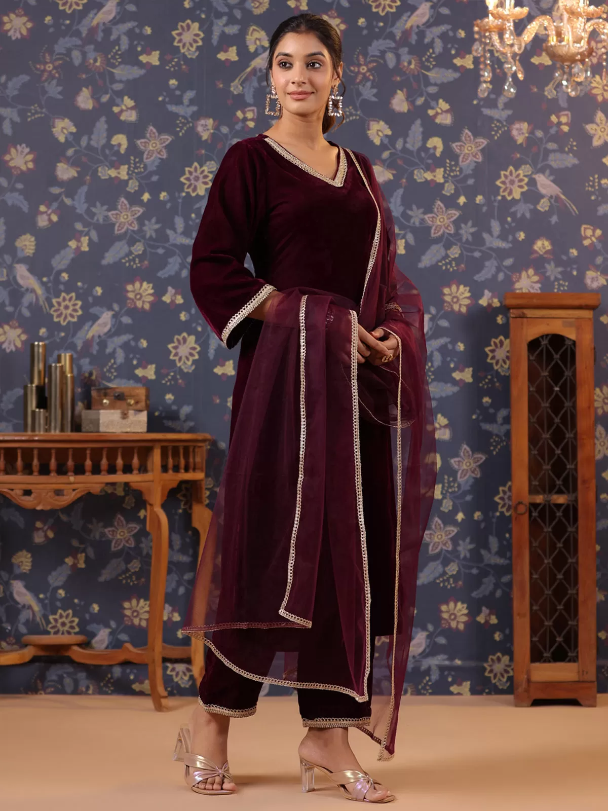 Odette Maroon Velvet Solid Stitched Kurta Set For Women