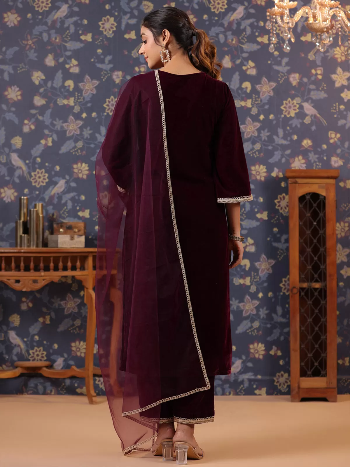 Odette Maroon Velvet Solid Stitched Kurta Set For Women