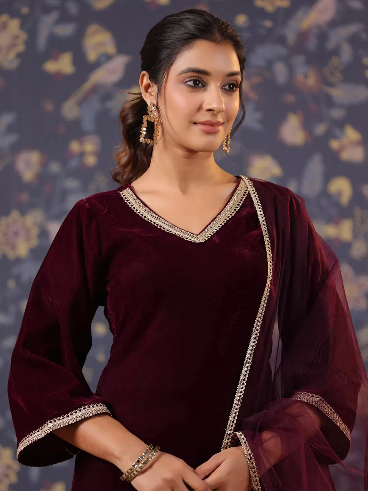 Odette Maroon Velvet Solid Stitched Kurta Set For Women