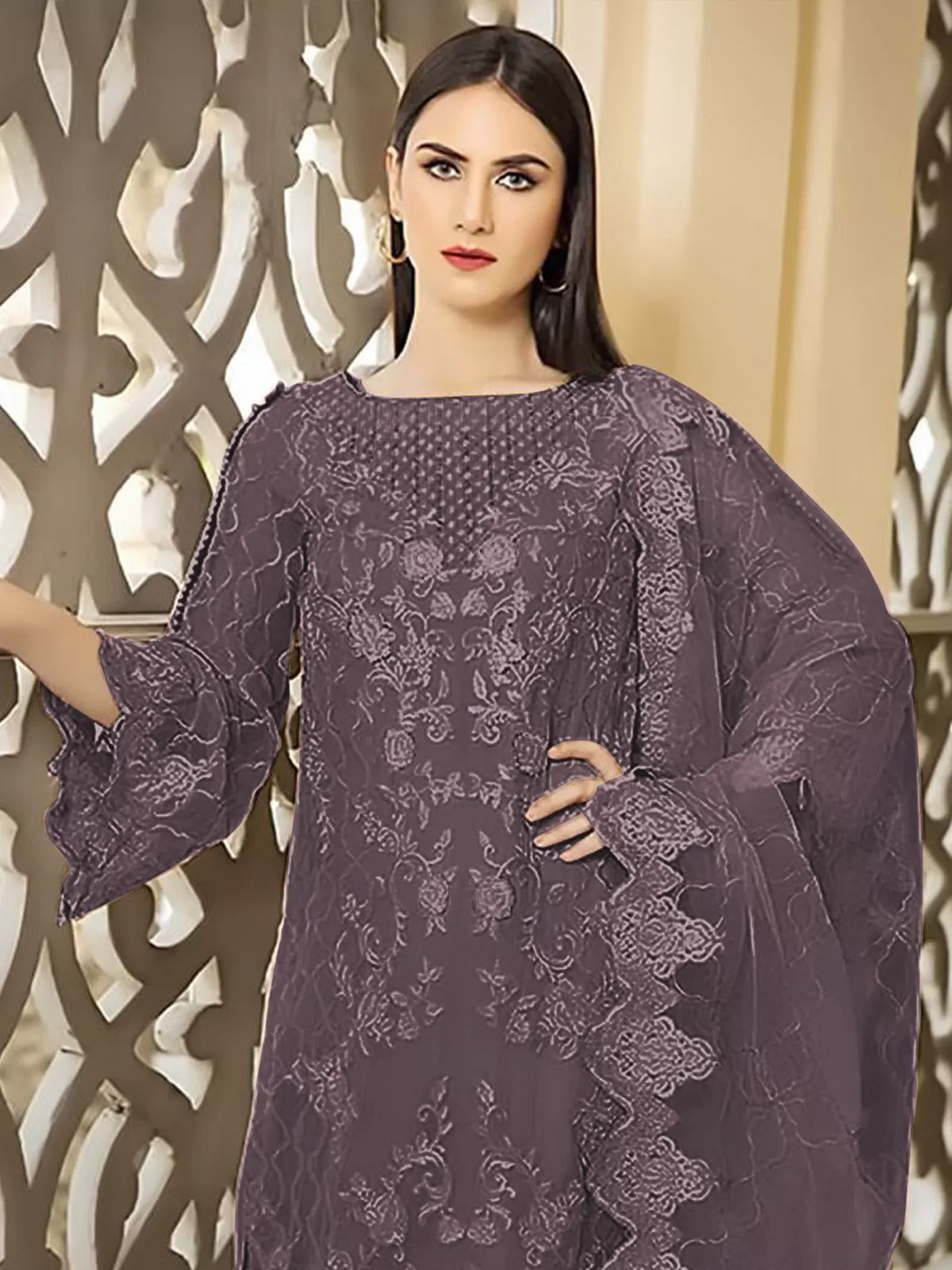 Odette Mauve Georgette Embroidered Semi stitched Kurta Set For Women