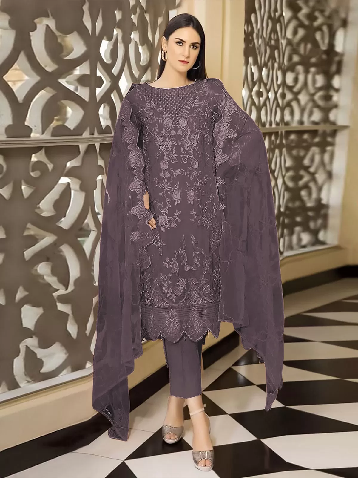 Odette Mauve Georgette Embroidered Semi stitched Kurta Set For Women