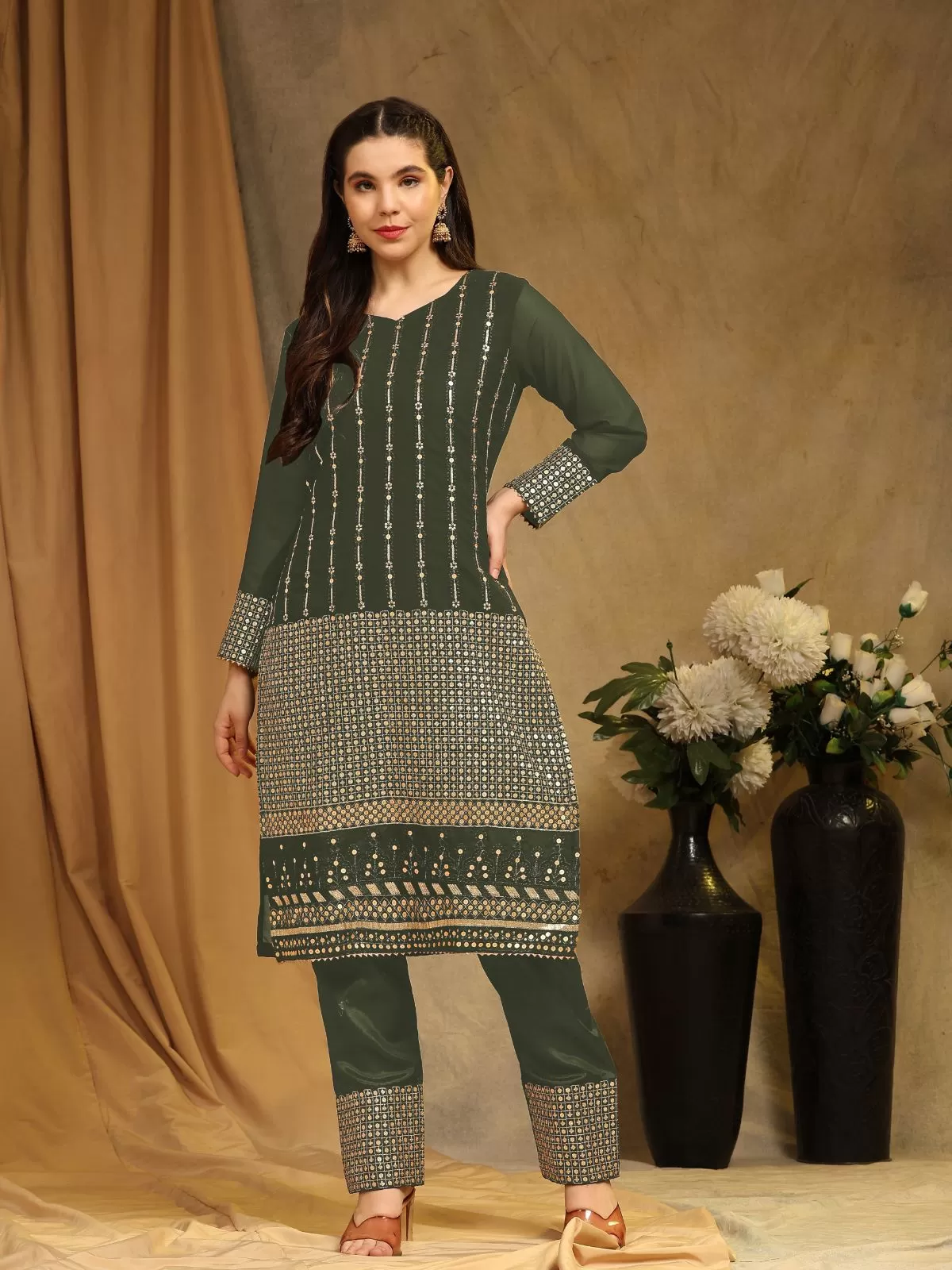 Odette Mehandi Green Faux Georgette Embroidered Semi Stitched Kurta Set For Women