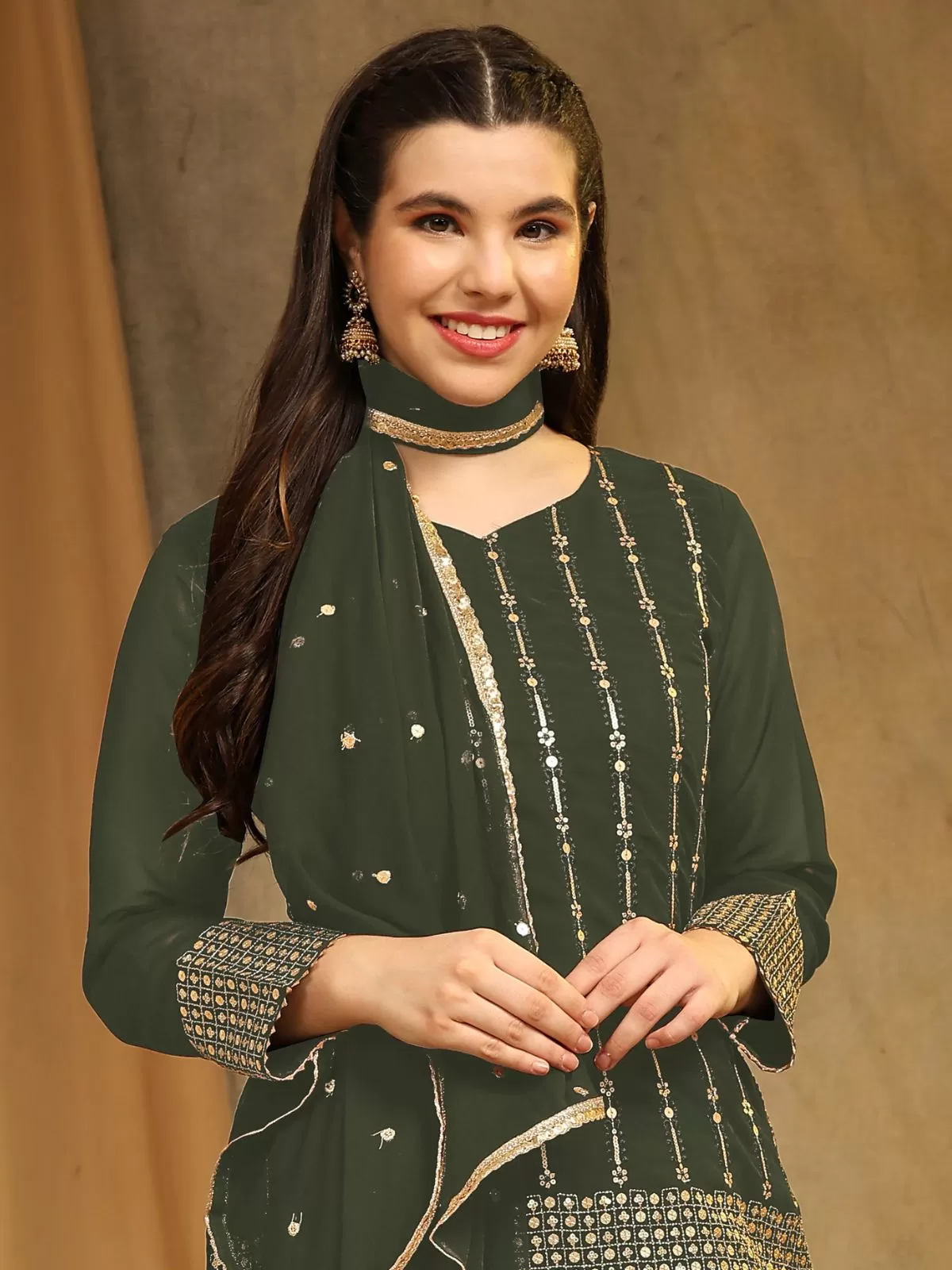 Odette Mehandi Green Faux Georgette Embroidered Semi Stitched Kurta Set For Women