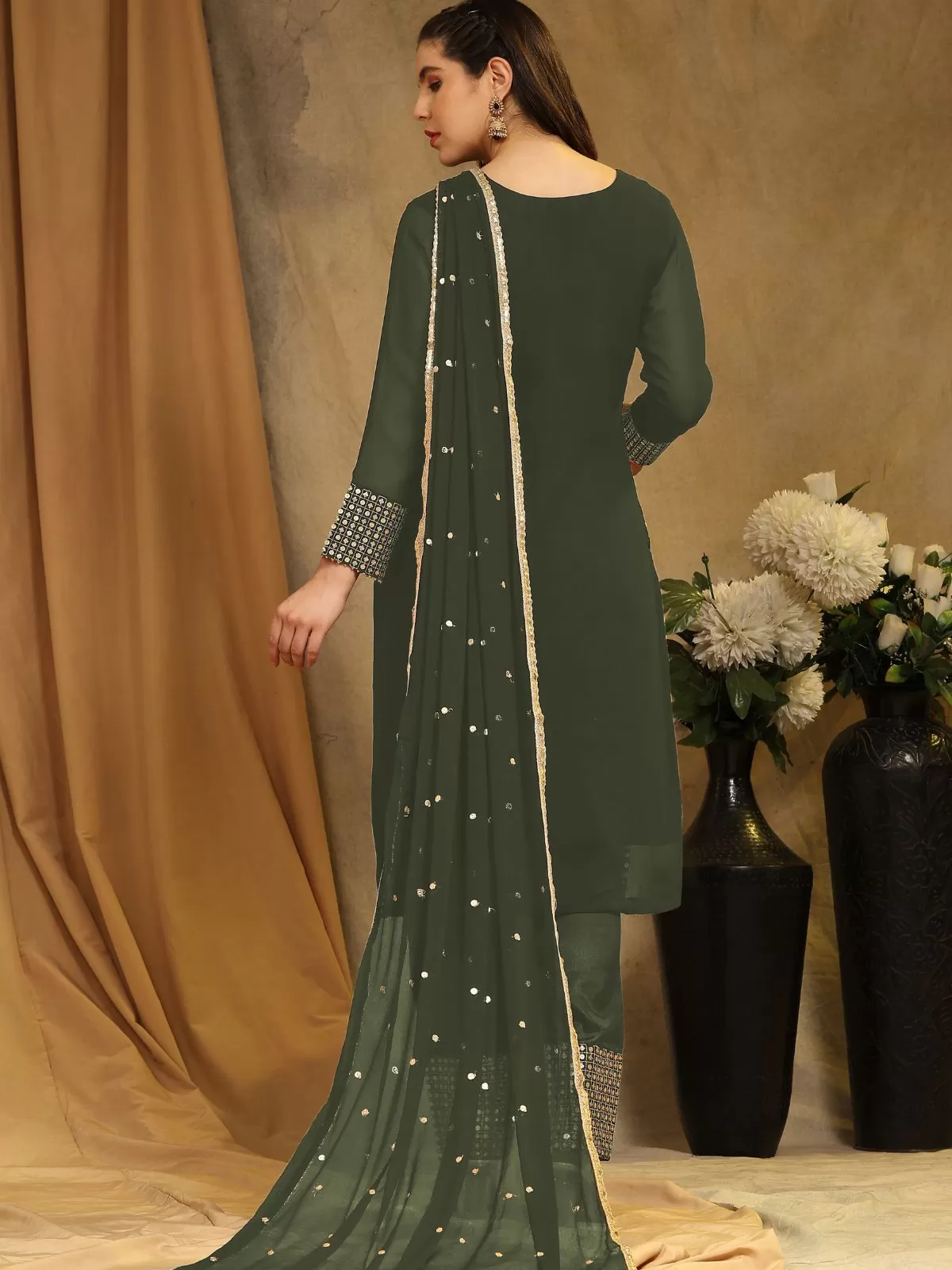 Odette Mehandi Green Faux Georgette Embroidered Semi Stitched Kurta Set For Women