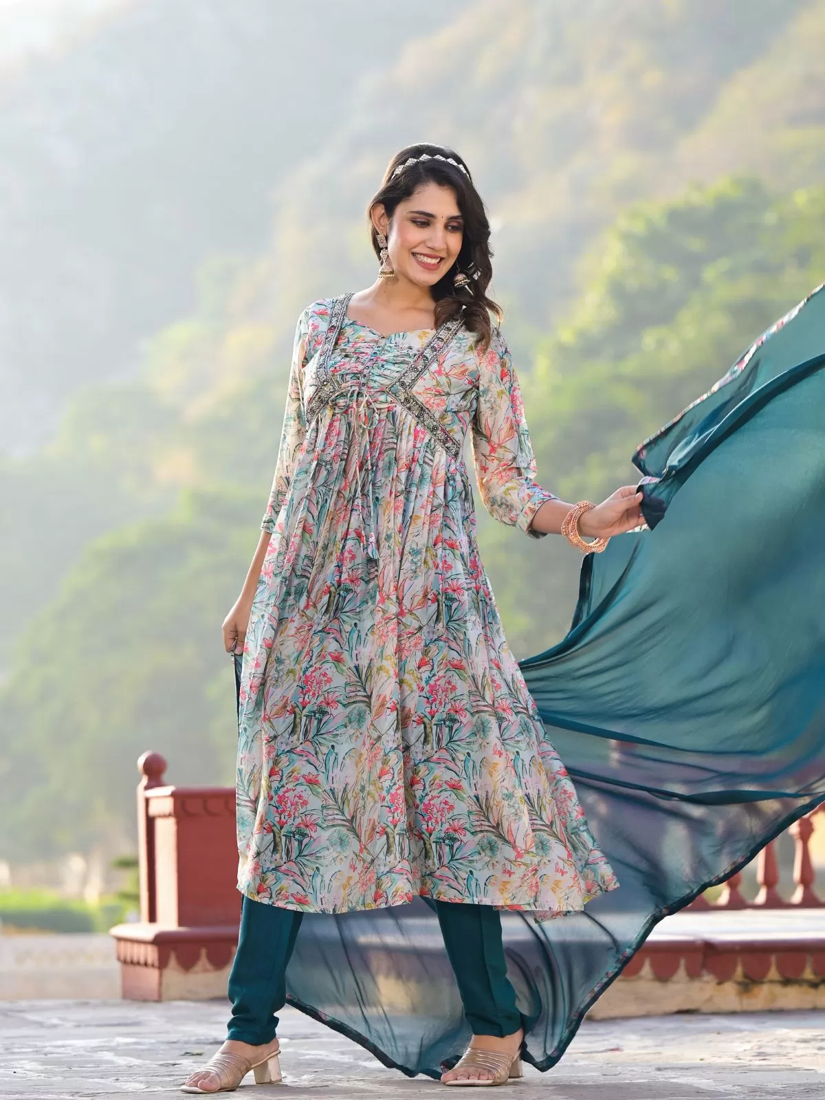 Odette Multicolor Printed Georgette Stitched Kurta Set For Women