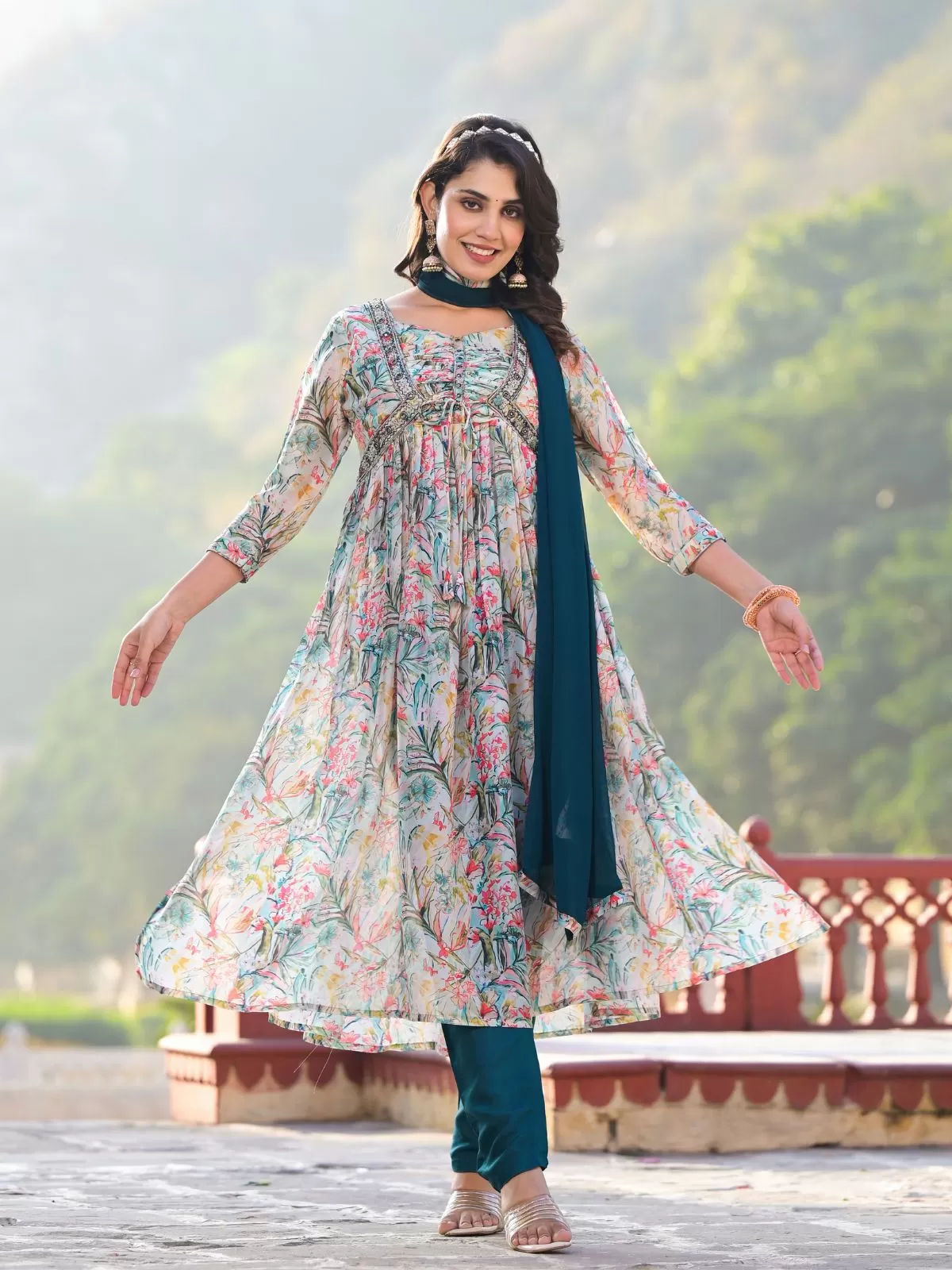 Odette Multicolor Printed Georgette Stitched Kurta Set For Women