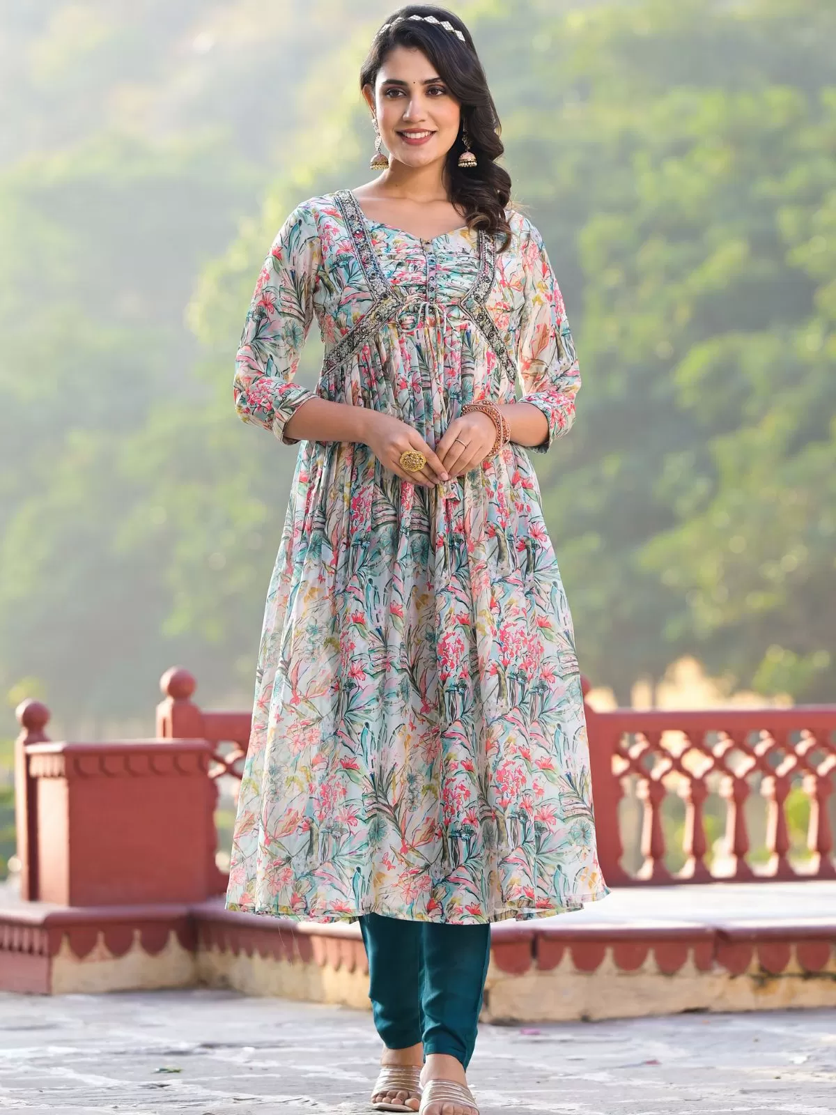 Odette Multicolor Printed Georgette Stitched Kurta Set For Women