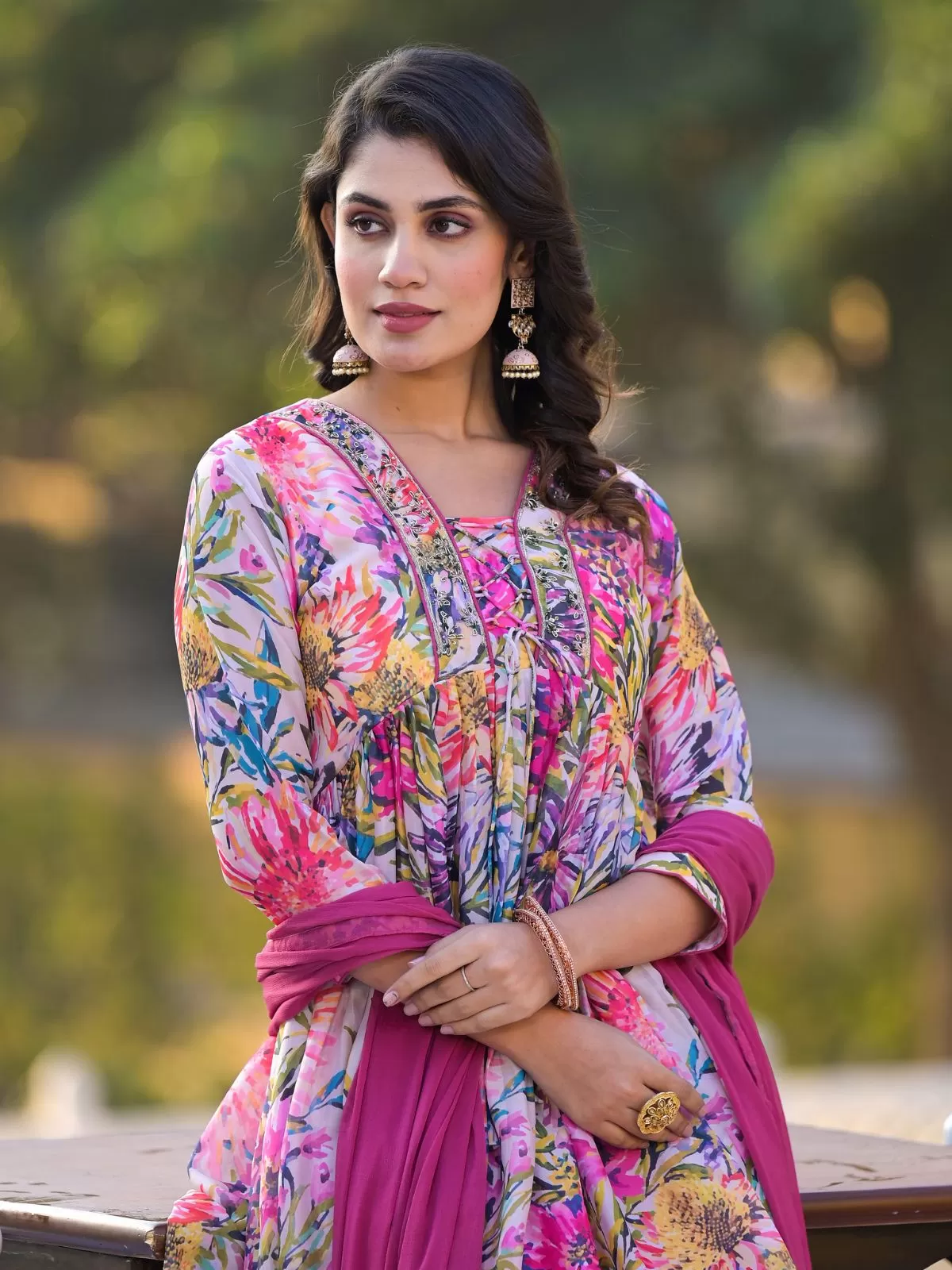 Odette Multicolor Printed Georgette Stitched Kurta Set For Women