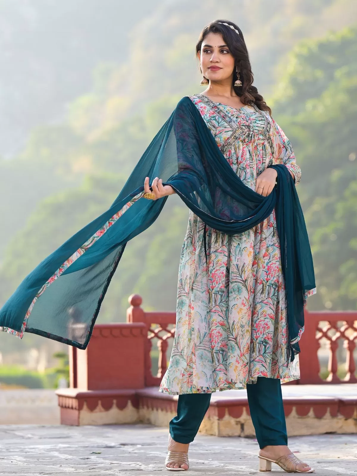 Odette Multicolor Printed Georgette Stitched Kurta Set For Women