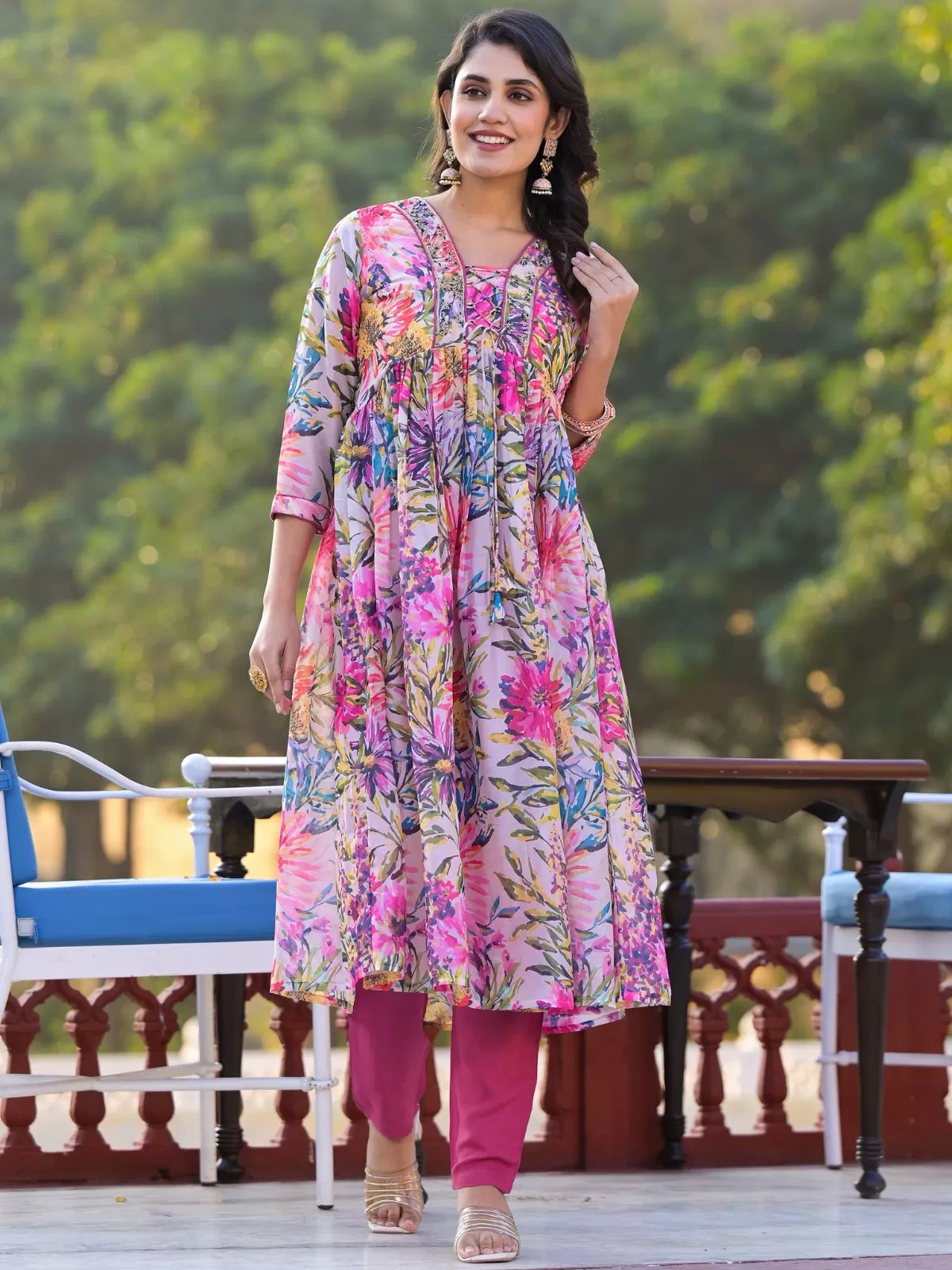 Odette Multicolor Printed Georgette Stitched Kurta Set For Women