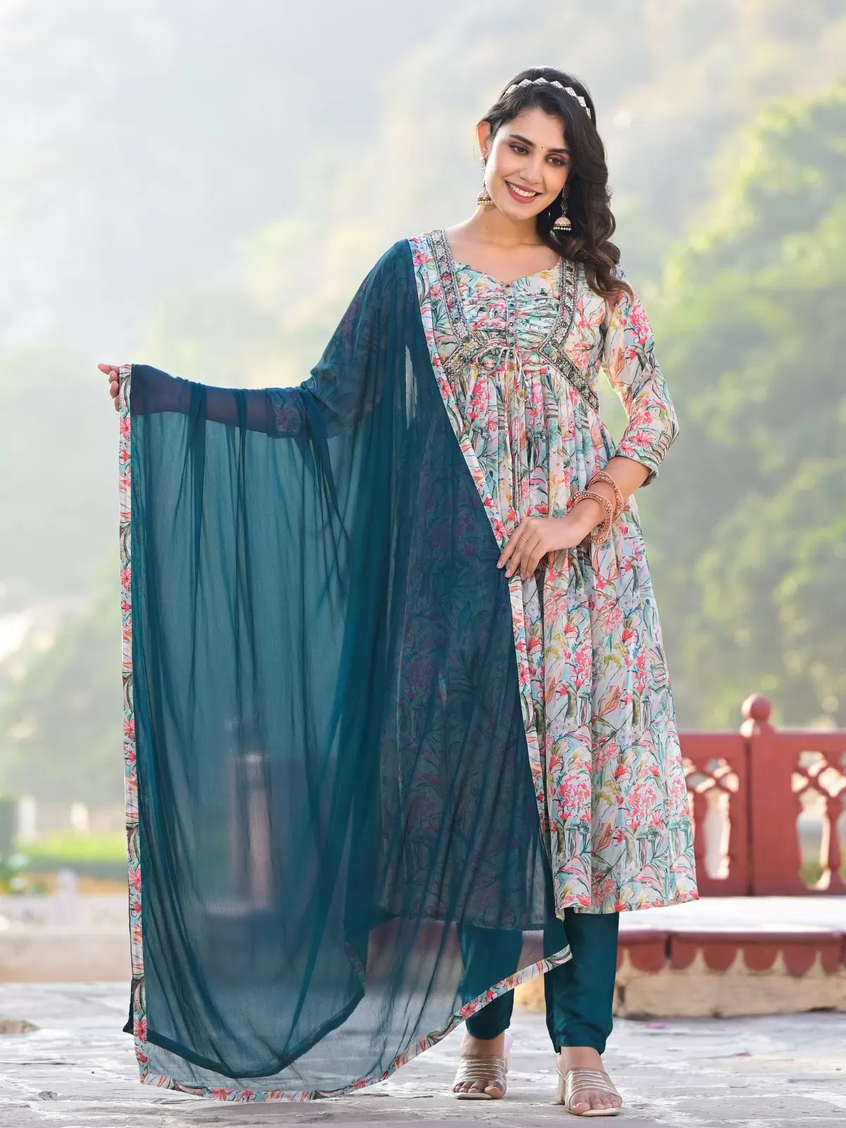 Odette Multicolor Printed Georgette Stitched Kurta Set For Women