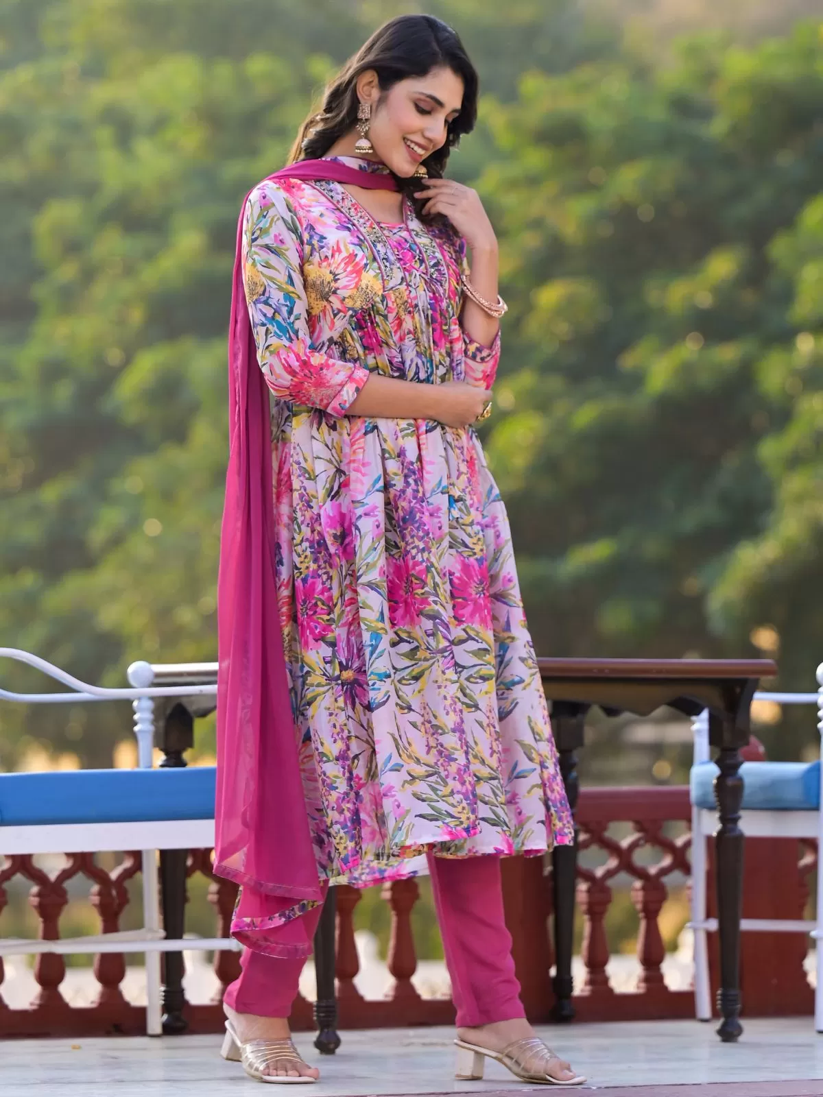 Odette Multicolor Printed Georgette Stitched Kurta Set For Women