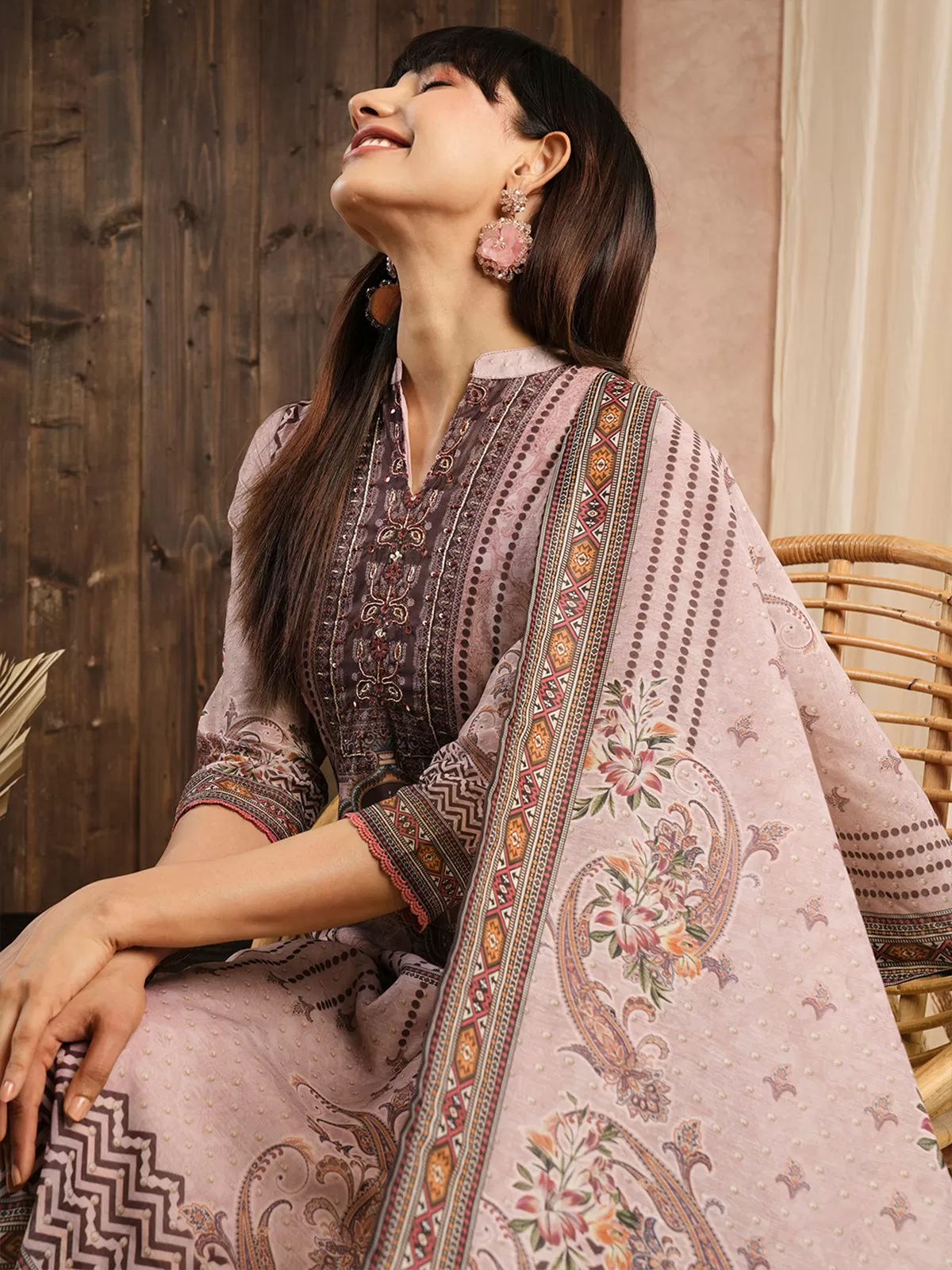 Odette Peach Chanderi Silk Printed Stitched Kurta Set for Women