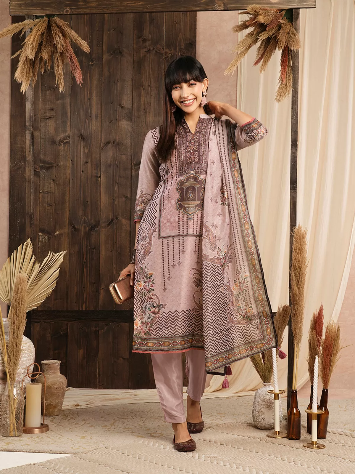 Odette Peach Chanderi Silk Printed Stitched Kurta Set for Women