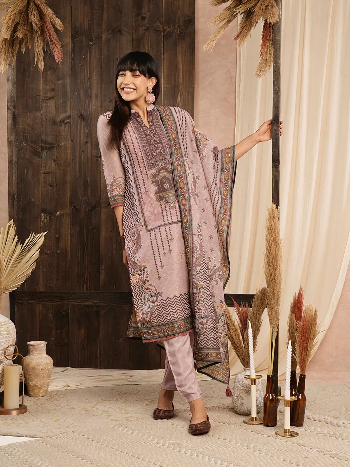 Odette Peach Chanderi Silk Printed Stitched Kurta Set for Women