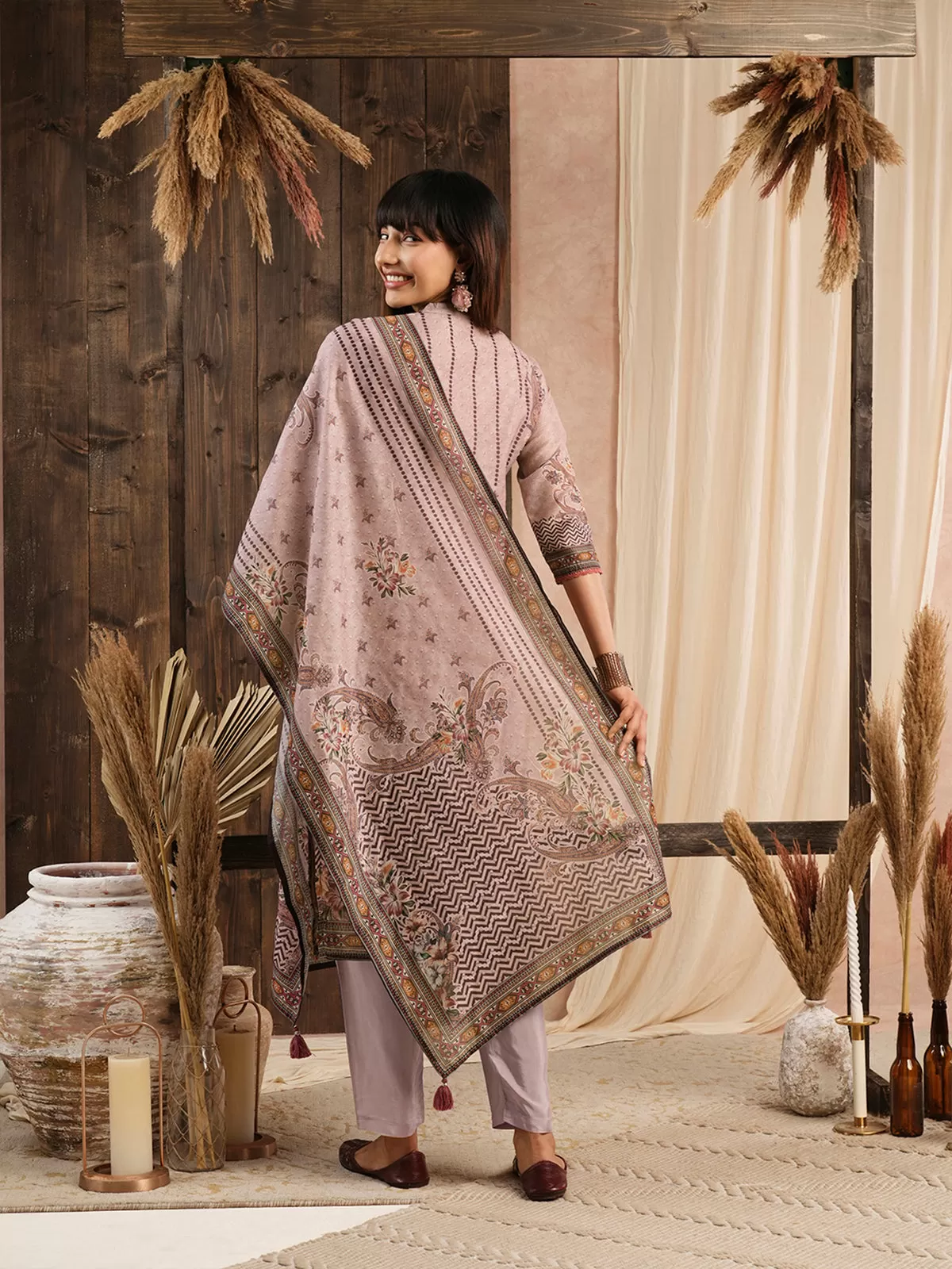 Odette Peach Chanderi Silk Printed Stitched Kurta Set for Women