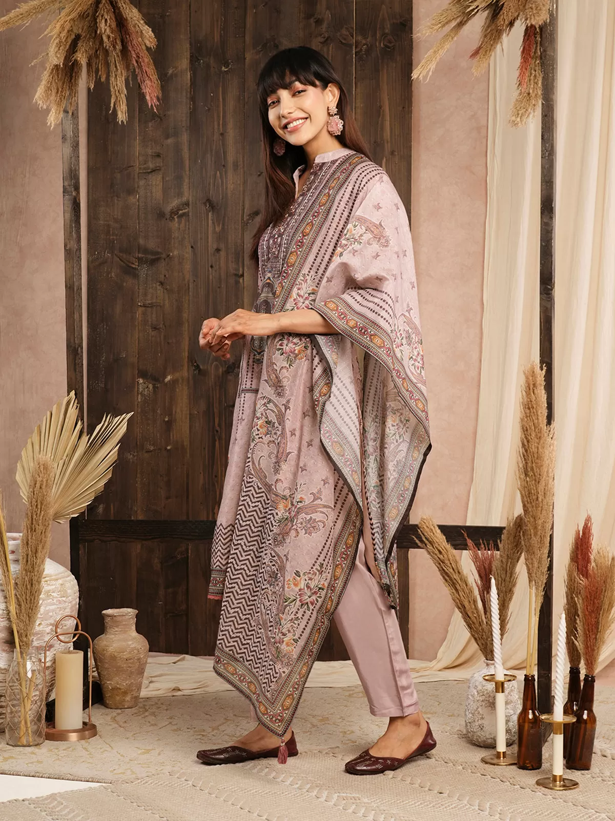 Odette Peach Chanderi Silk Printed Stitched Kurta Set for Women