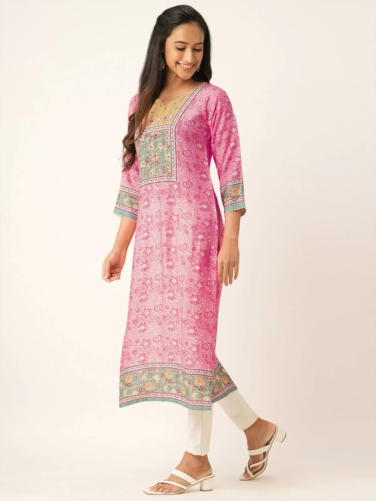 Odette Pink Chanderi Silk Printed Stitched Kurta for Women