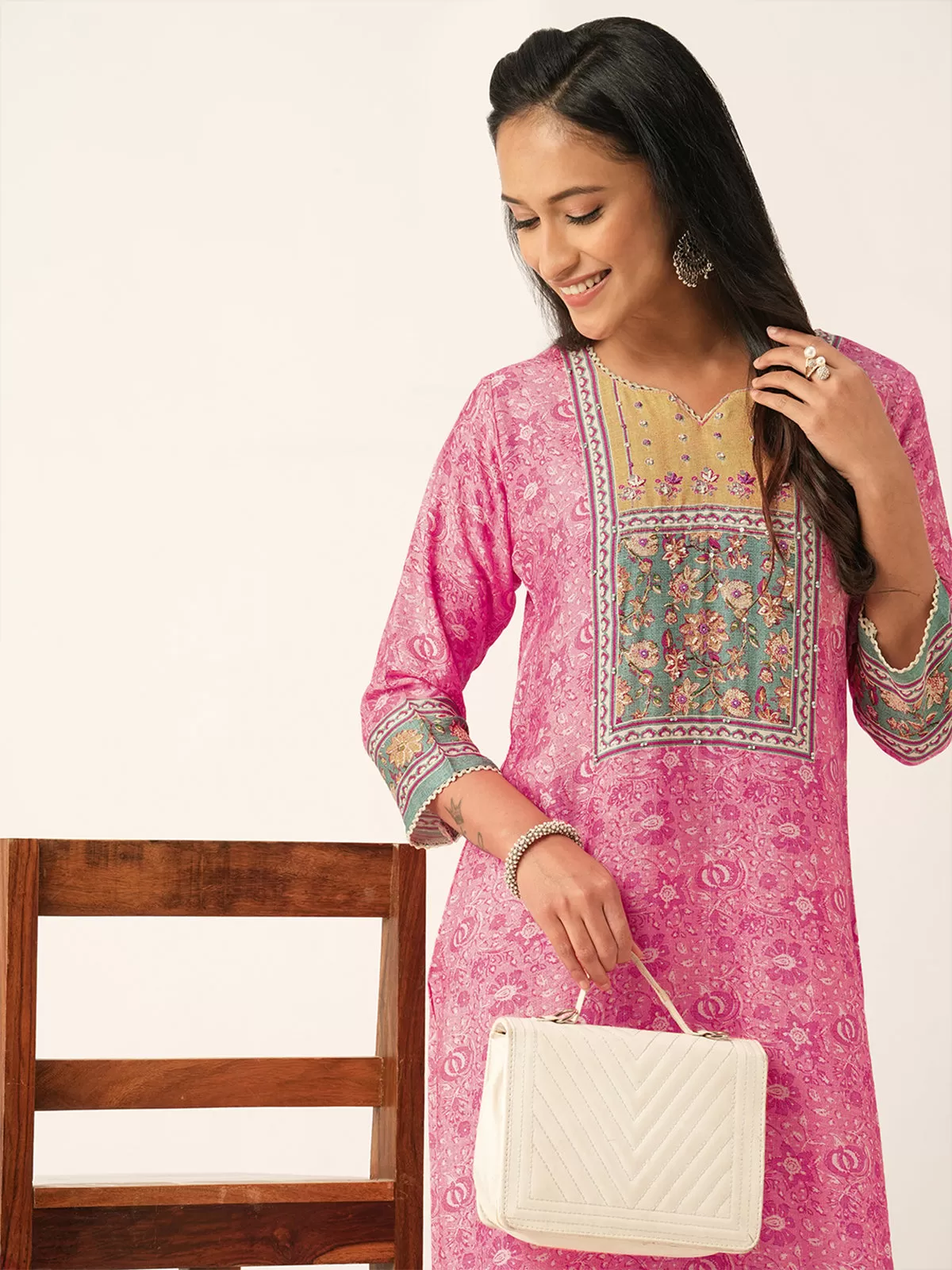 Odette Pink Chanderi Silk Printed Stitched Kurta for Women