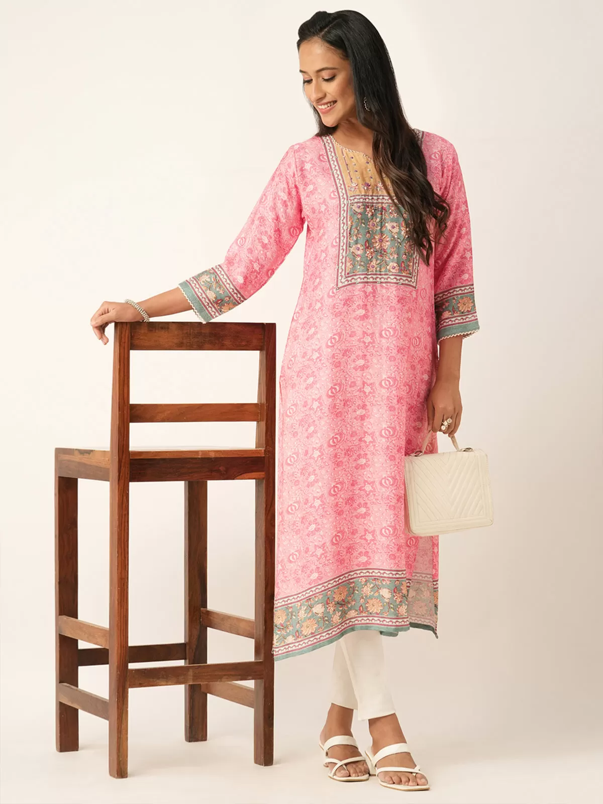 Odette Pink Chanderi Silk Printed Stitched Kurta for Women